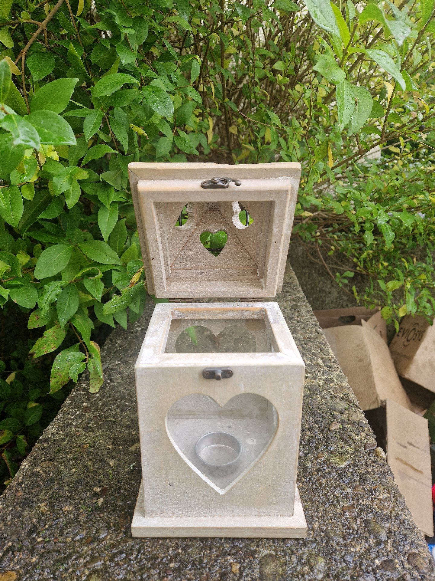 Wooden decorative lantern with heart-shaped cutouts and glass insert, Unbranded, Medium, Excellent condition — preloved on SilentSale®