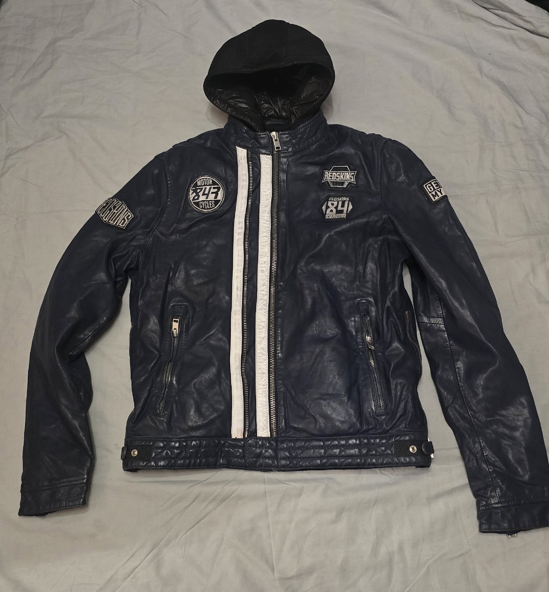 Redskins Black Leather Motorcycle Jacket with Hood – XL, Redskins, XL, Excellent condition — preloved on SilentSale®