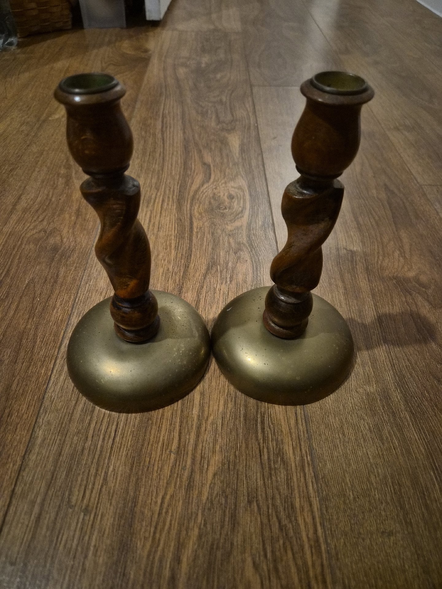 Pair of Vintage Wooden and Brass Candlesticks, Vintage, Medium, Good condition — preloved on SilentSale®