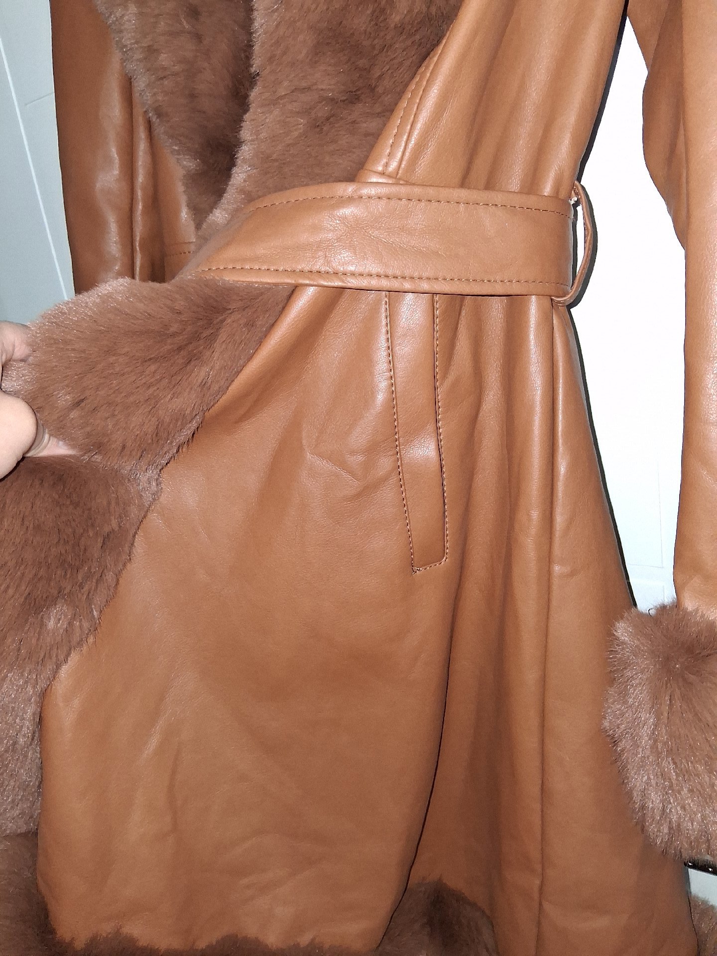 Flam Modes Brown Faux Fur Trim Leather Coat, Flam Modes, M, New condition — preloved on SilentSale®