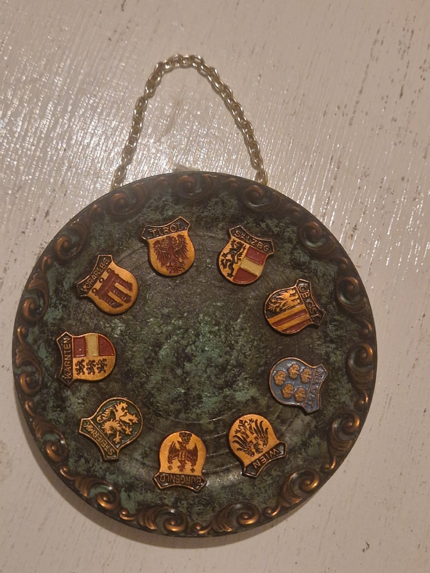 a vintage Austrian souvenir wall plaque/decorative plate featuring the enameled heraldic shields (coats of arms) of the nine federal states of Austria (Bundesländer)., Vintage, One Size, Excellent condition — preloved on SilentSale®