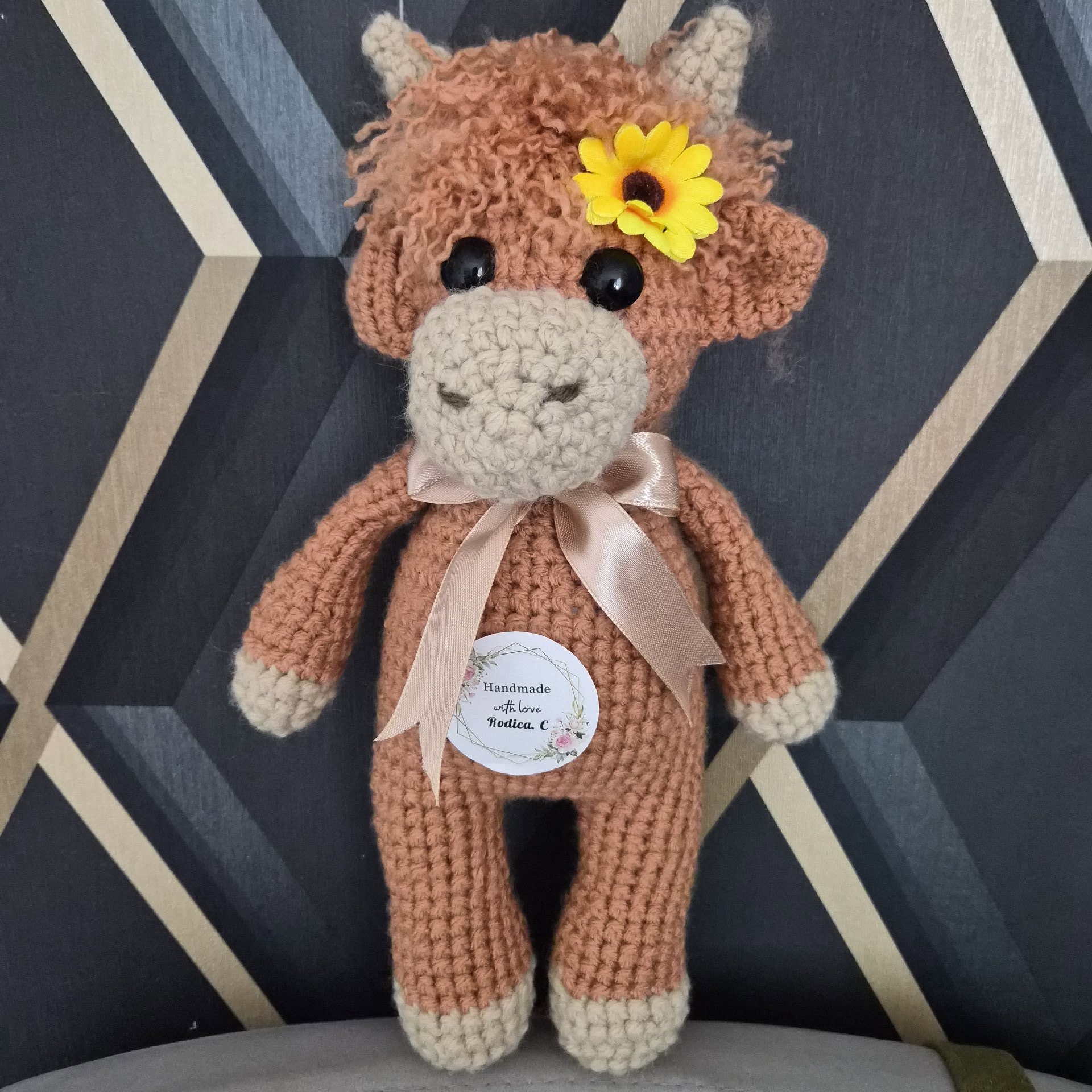 Handmade Crochet Brown Cow Soft Toy with Flower and Bow, handmade beautiful crochet, 6 years, New condition — preloved on SilentSale®