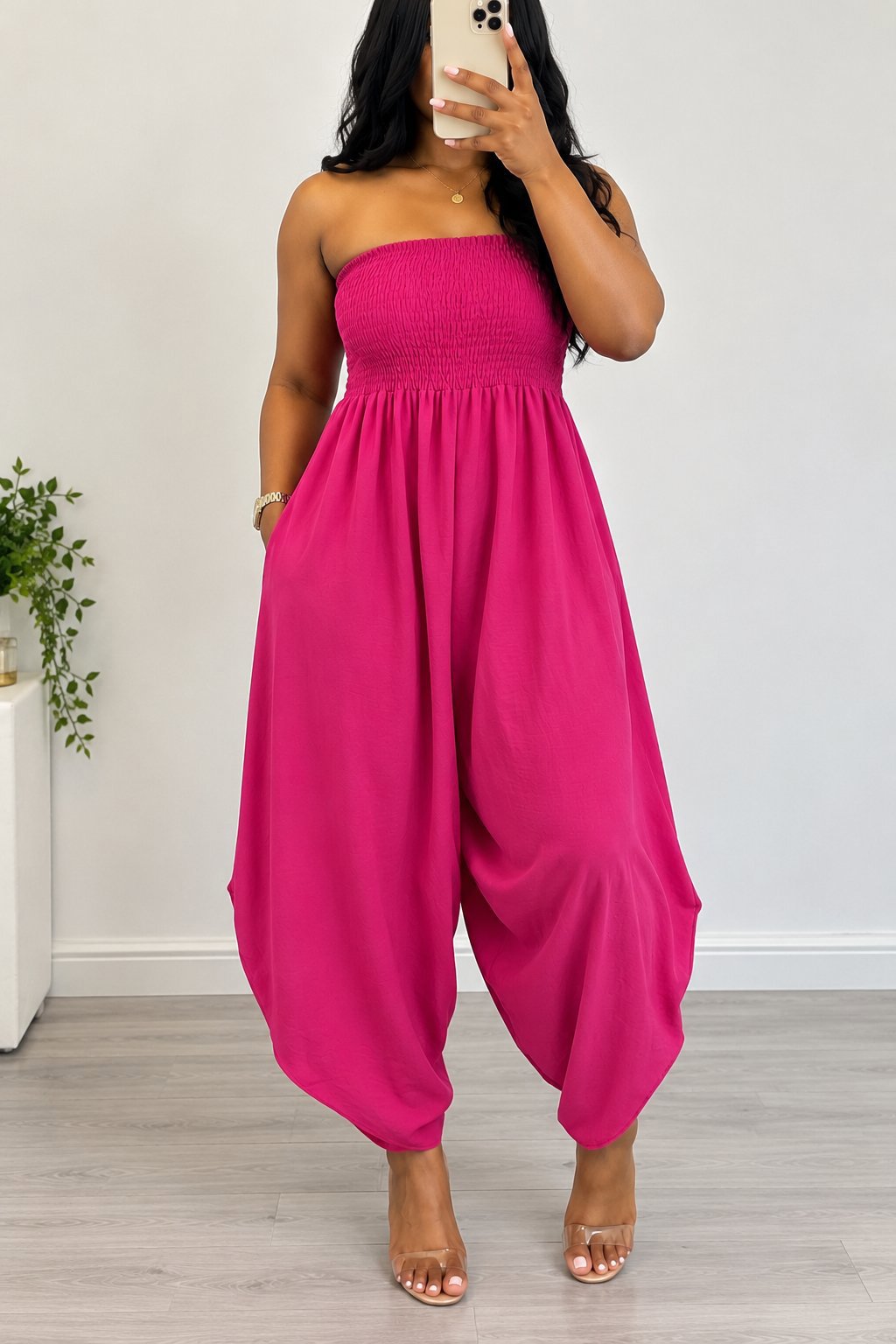Pink Strapless Smocked Jumpsuit, made in Italy, L, Excellent condition — preloved on SilentSale®