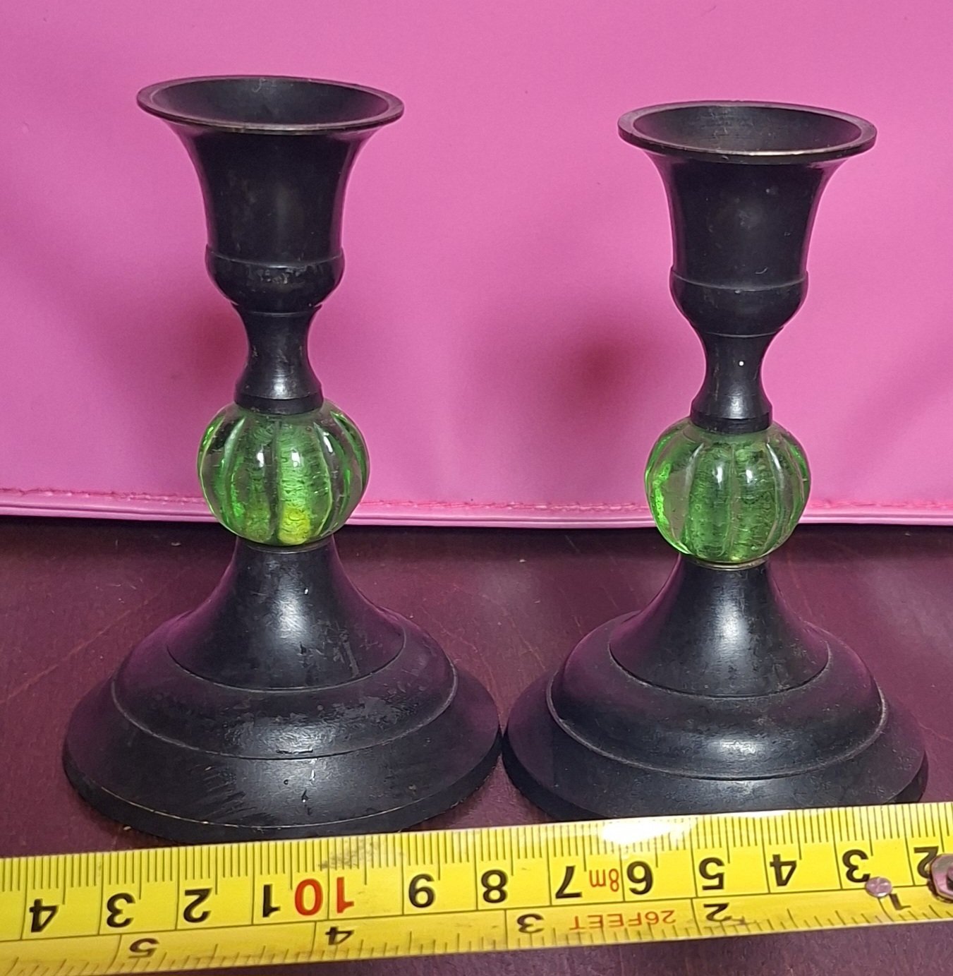 Pair of Vintage Black Metal Candlesticks with Green Glass Detail, Unbranded, 10cm height, Good condition — preloved on SilentSale®