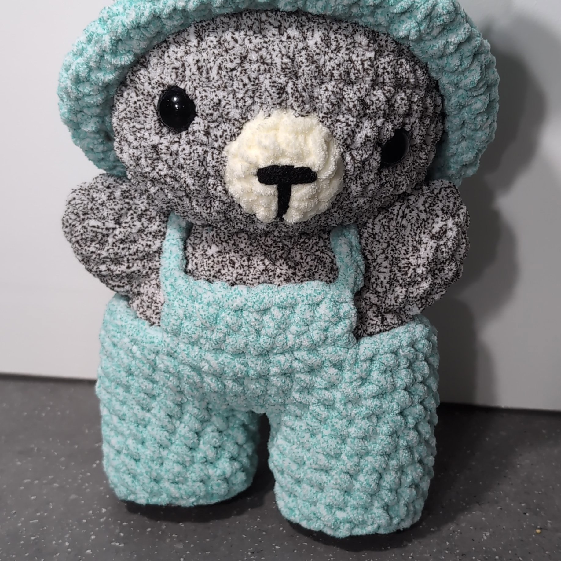 Handmade Crochet Teddy Bear Soft Toy with Blue Outfit, made by Jam, 30 cm tall, Excellent condition — preloved on SilentSale®
