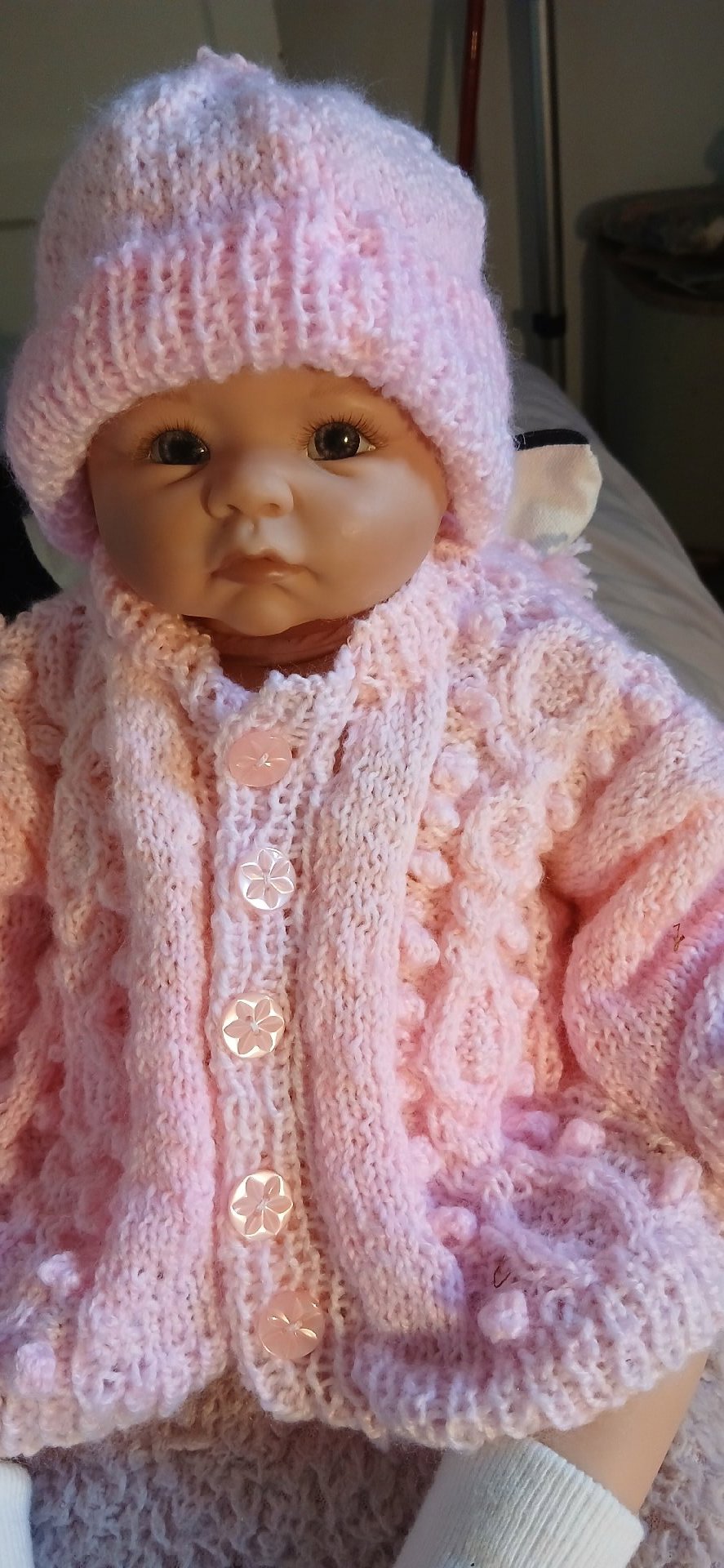Hand Knitted Pink Baby Cardigan And Hat Set, Handmade, 3-6M, Excellent condition — preloved on SilentSale®