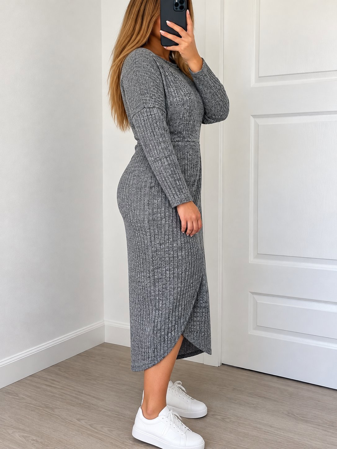 Grey Ribbed Knit Midi Dress with Tie Waist, PrettyLittleThing, 16, Excellent condition — preloved on SilentSale®