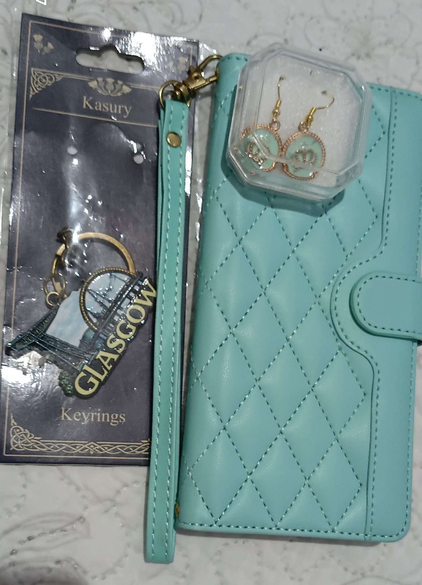 Glasgow Keyring, Blue Quilted Phone Case & Earrings Set, Kasury, One Size, Excellent condition — preloved on SilentSale®