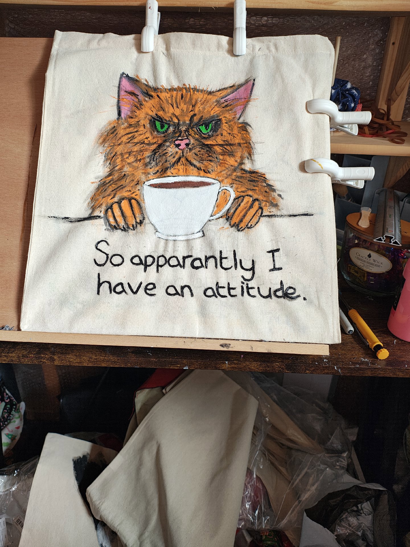 Hand Painted Canvas Tote Bag with Cat and Quote, Unbranded, Medium, New condition — preloved on SilentSale®