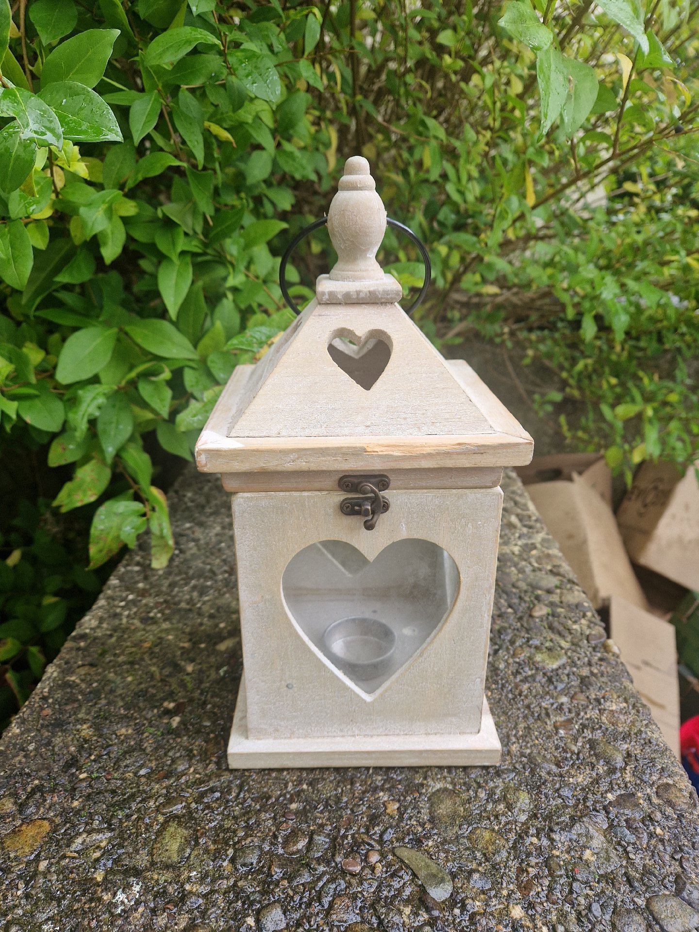 Wooden decorative lantern with heart-shaped cutouts and glass insert, Unbranded, Medium, Excellent condition — preloved on SilentSale®