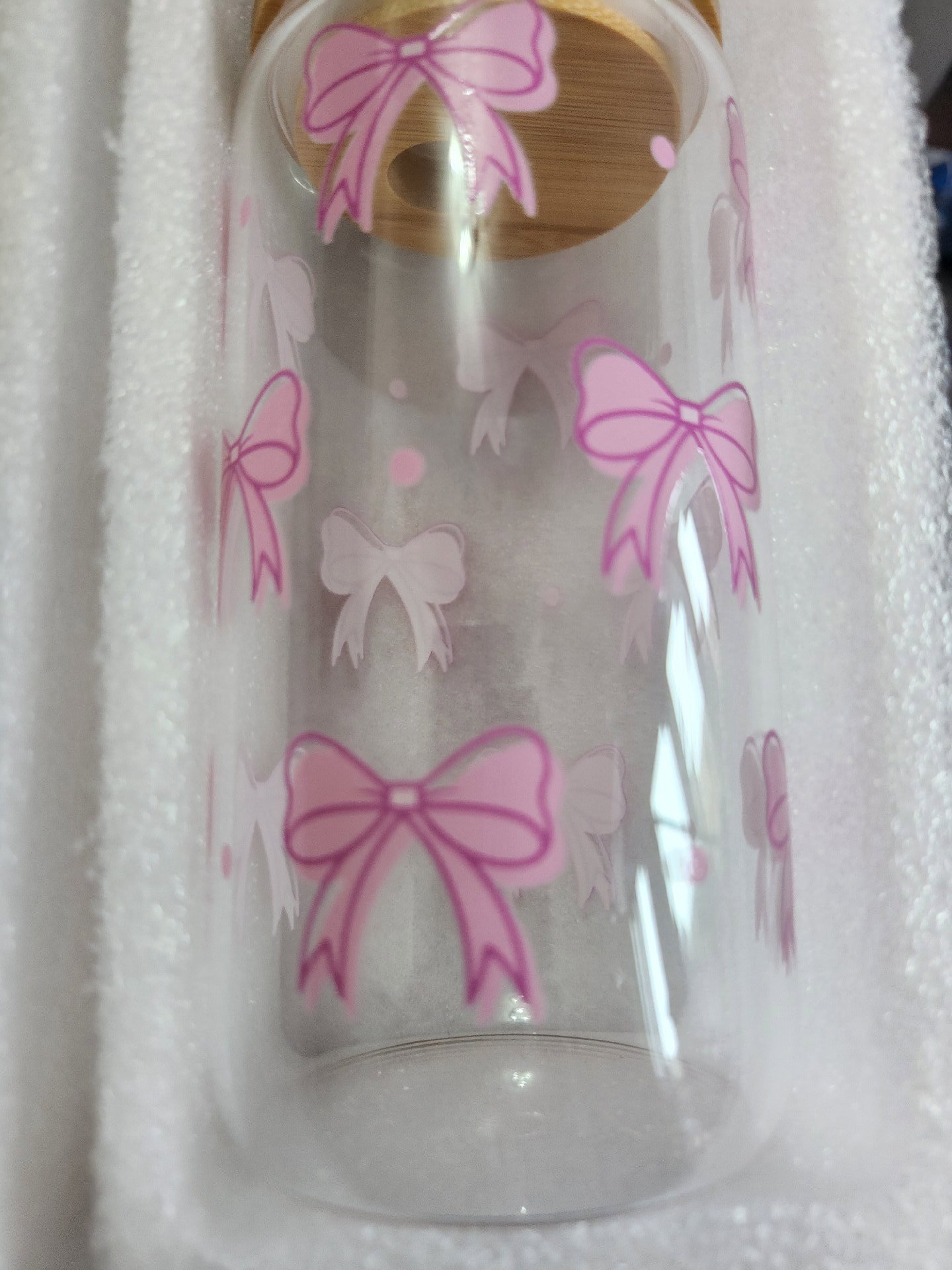 Cute Pink Bows Glass Cup with Bamboo Lid & Straw, Unbranded, One Size, New condition — preloved on SilentSale®