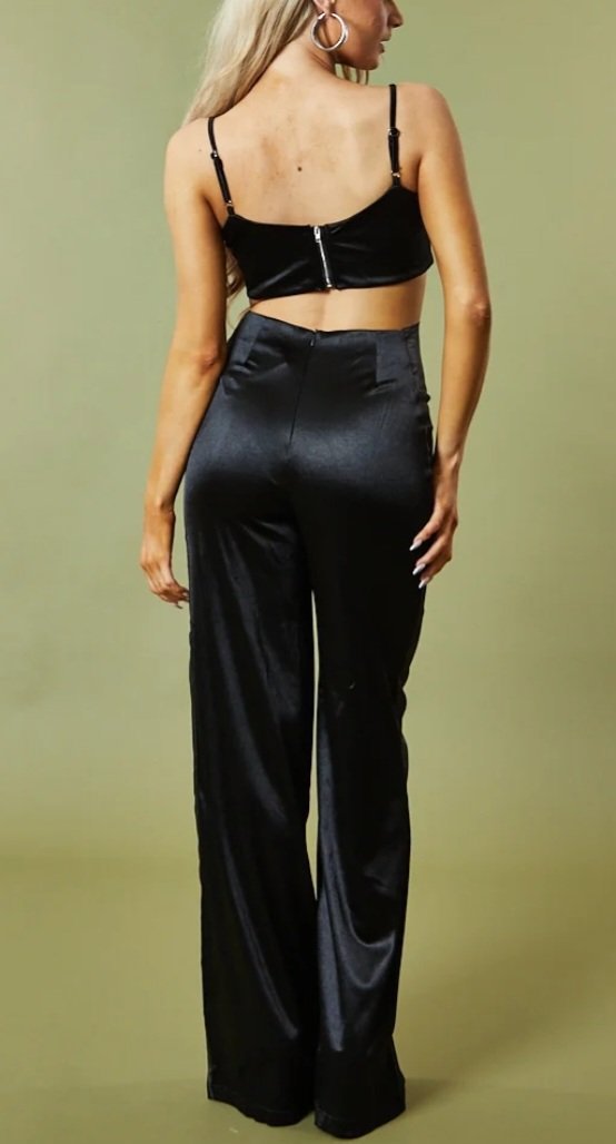 Black Satin Cut Out Wide Leg Jumpsuit, rebellious, 6, New condition — preloved on SilentSale®
