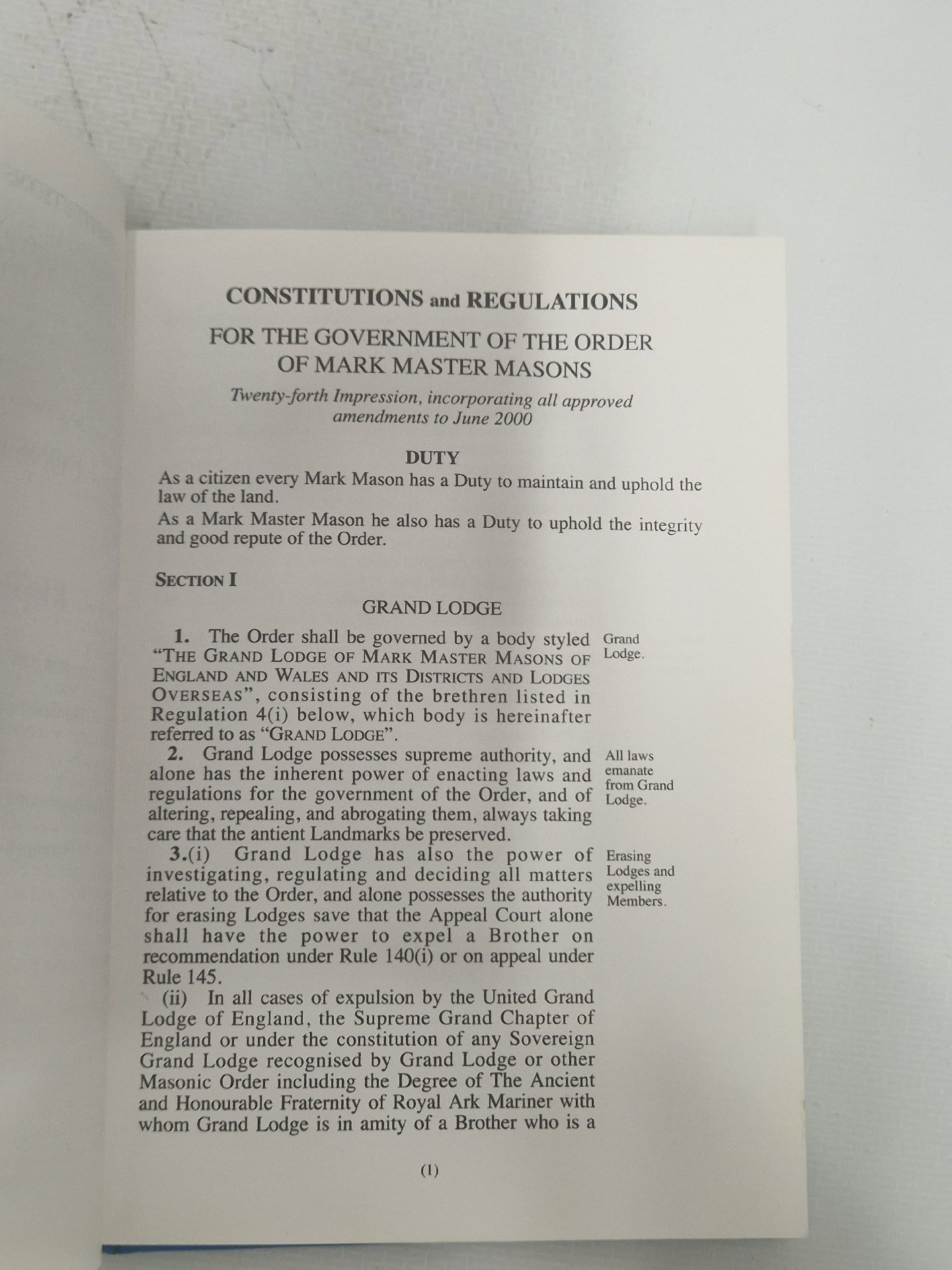 Masonic book titled 'Constitutions and Regulations' published by the Grand Lodge of Mark Master Masons of England and Wales, 2000 edition, Master, One Size, Excellent condition — preloved on SilentSale®