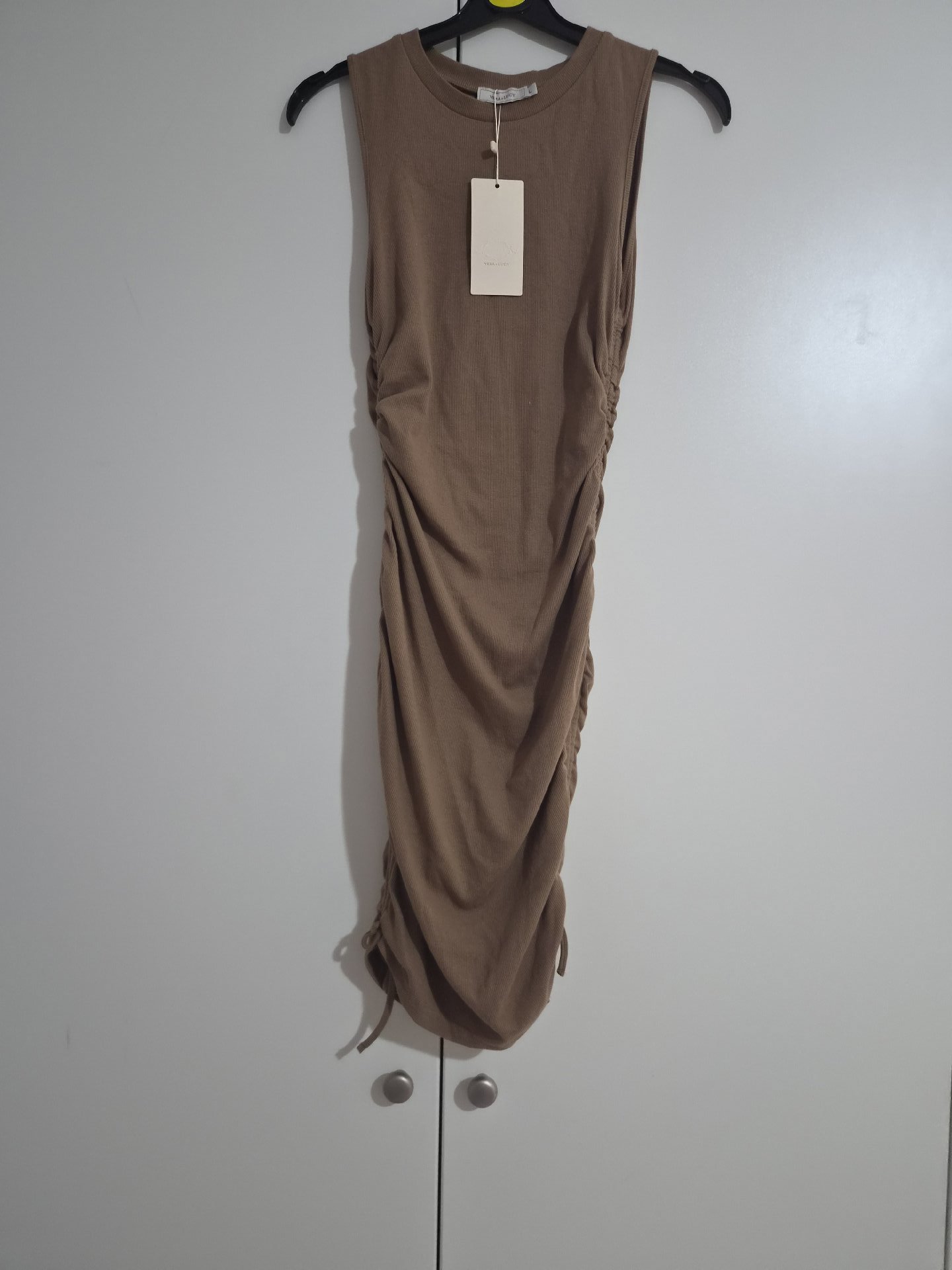 Vera & Lucy Taupe Ruched Sleeveless Dress – Size S, Vera & Lucy, S, New condition — preloved on SilentSale®
