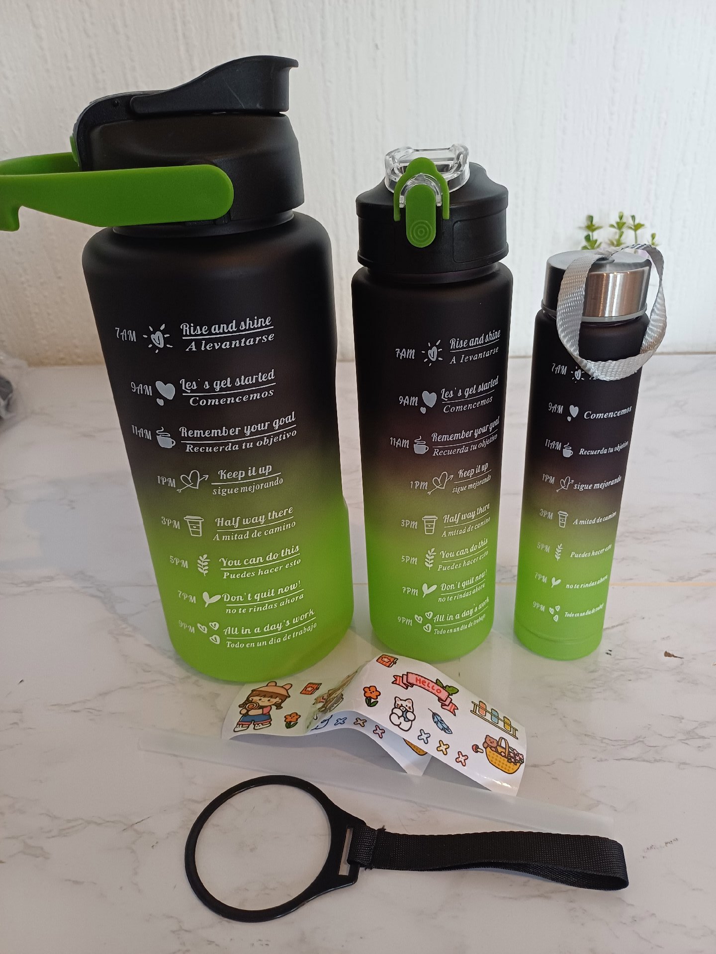 Set of 3 Gradient Green and Black Water Bottles with Time Markings, TIME, One Size, New condition — preloved on SilentSale®