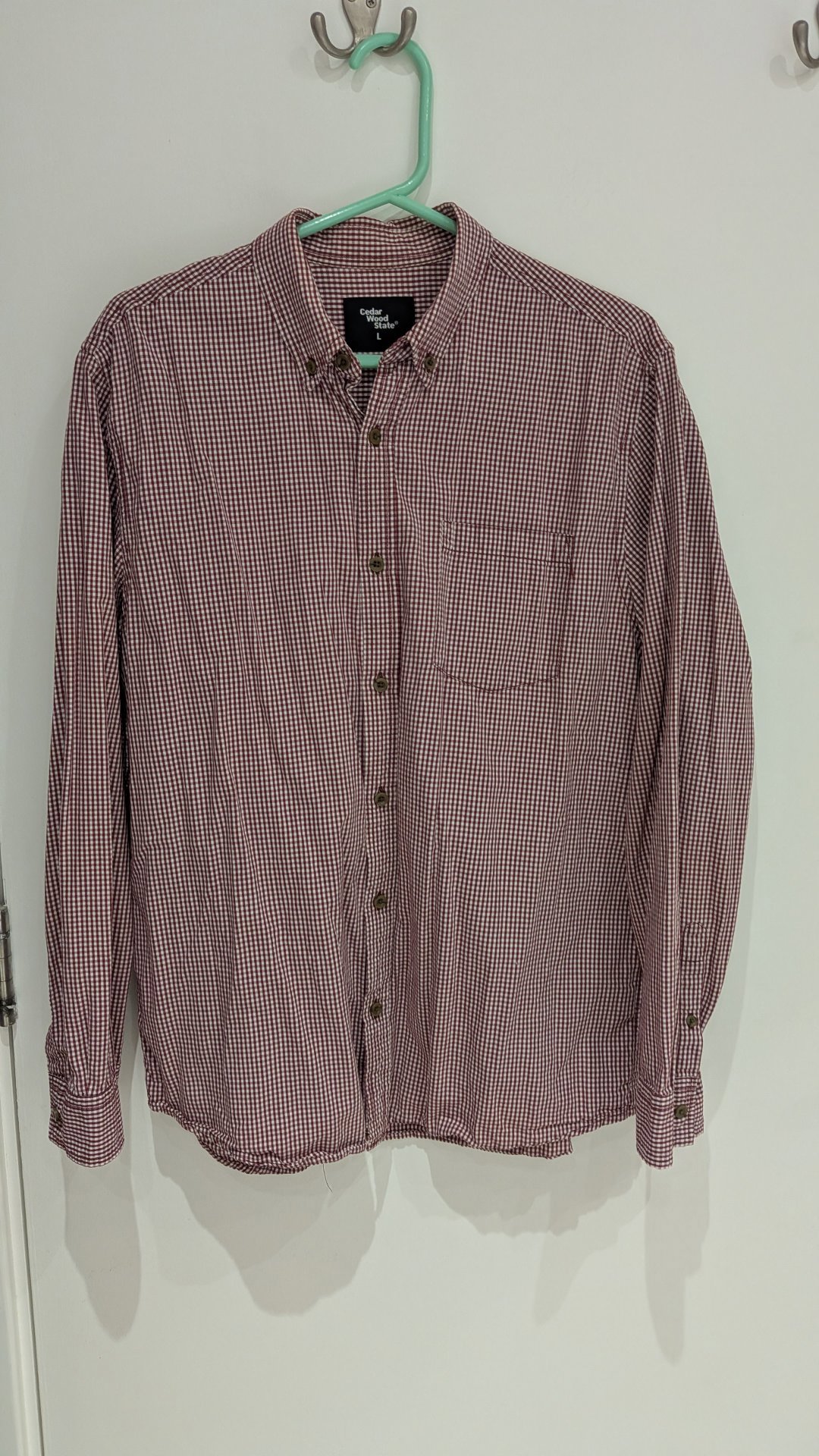 Size L Cedar Wood State burgundy and white gingham button-down shirt, Cedar Wood State, L, Excellent condition — preloved on SilentSale®