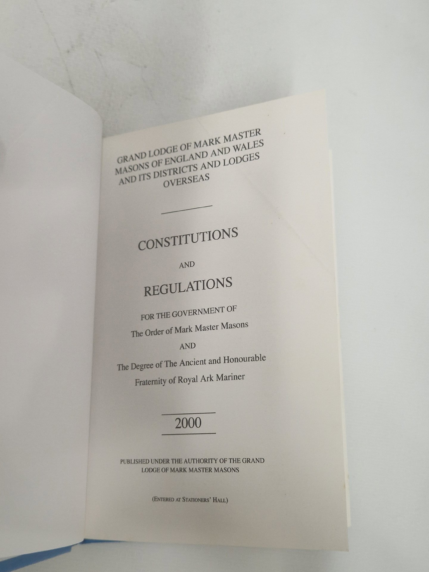 Masonic book titled 'Constitutions and Regulations' published by the Grand Lodge of Mark Master Masons of England and Wales, 2000 edition, Master, One Size, Excellent condition — preloved on SilentSale®