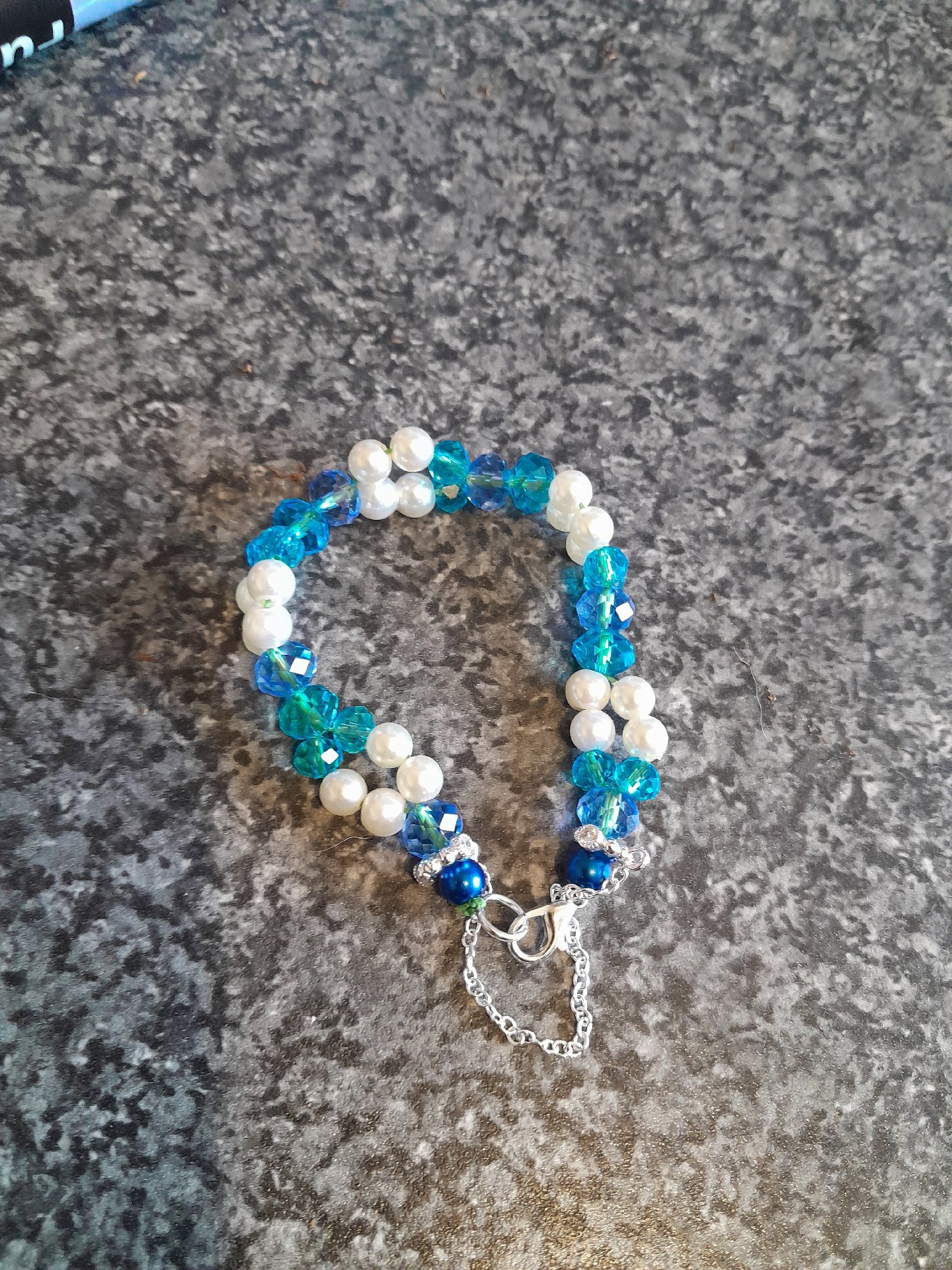 Blue and White Beaded Bracelet with Silver Clasp, Custom, One Size, Excellent condition — preloved on SilentSale®