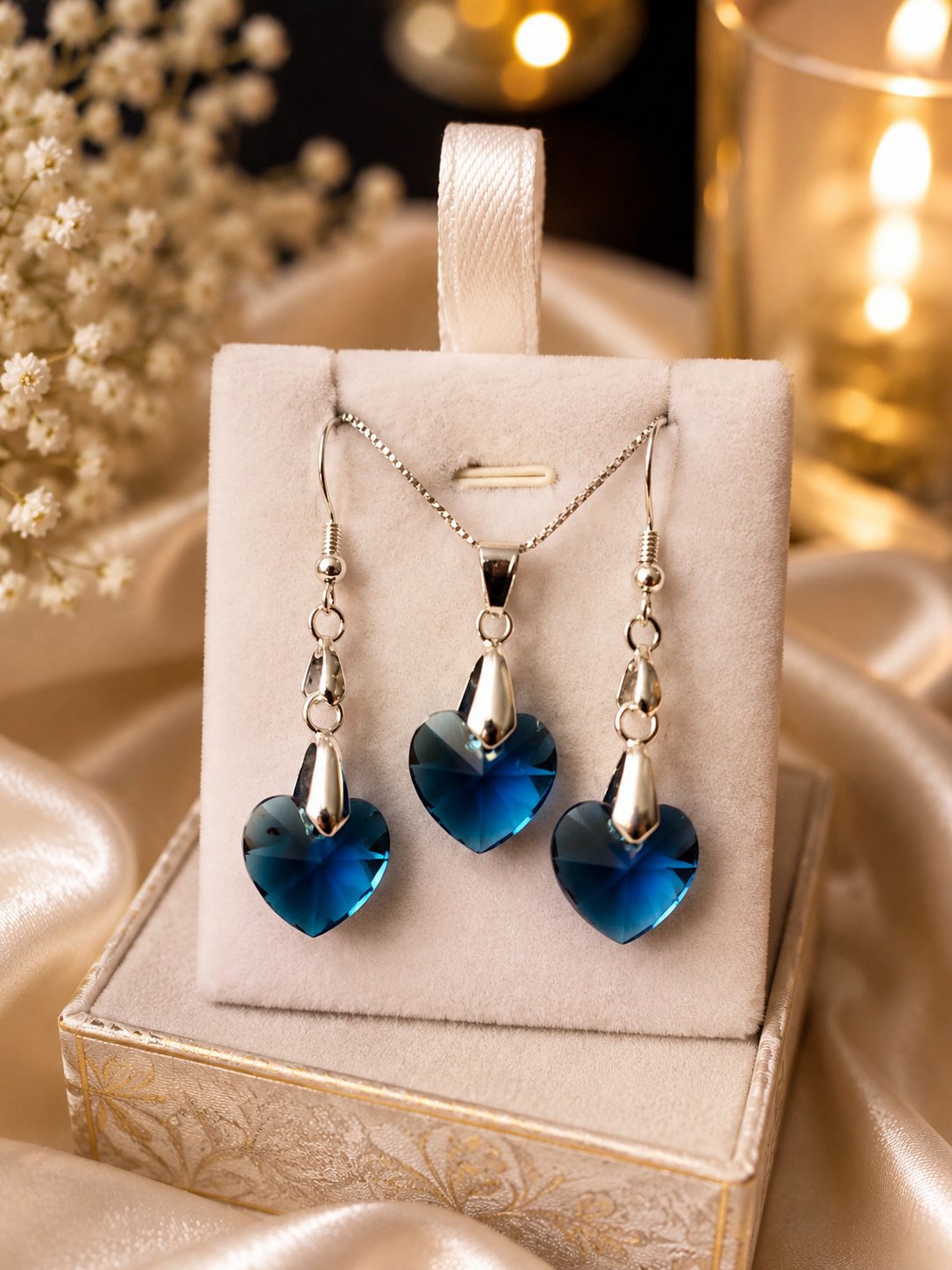 Blue Heart Crystal Pendant Necklace and Earrings Set, Unbranded, A, New condition — preloved on SilentSale®