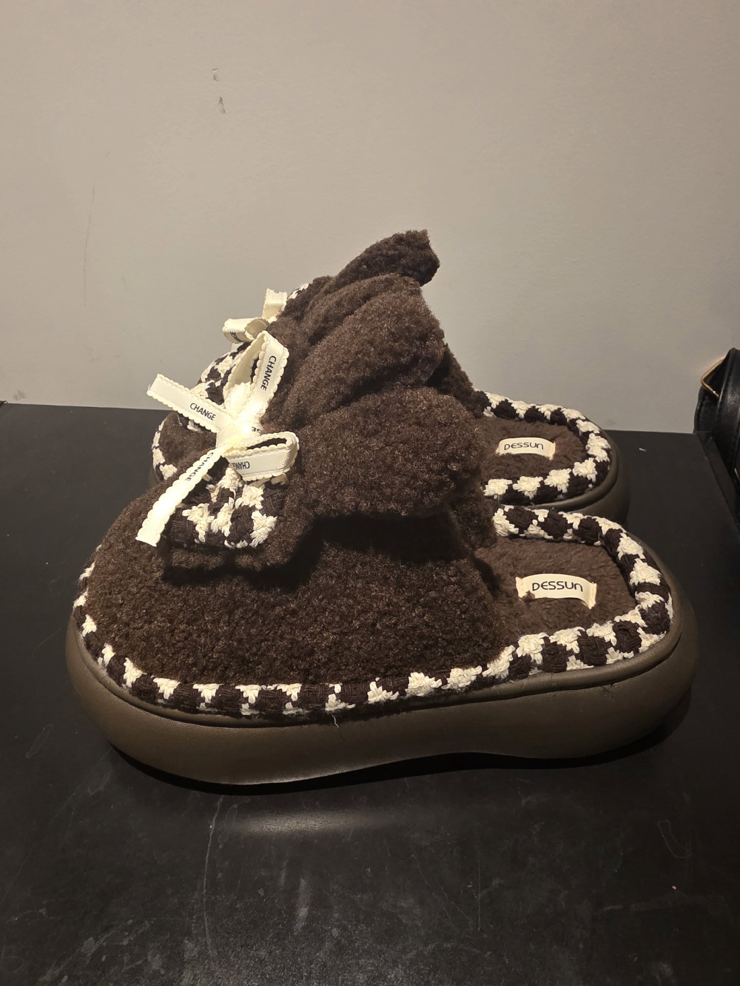 Winter Dessus Brown Fleece Slippers with Pom Pom Detail, Dessus, 5.5, New condition — preloved on SilentSale®