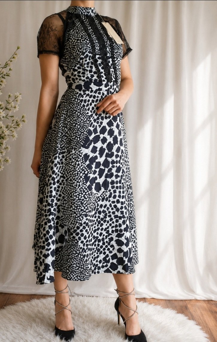 Women Black White Animal Print High Neck Lace A-Line Midi Dress L, AX Paris, 10, New condition — preloved on SilentSale®