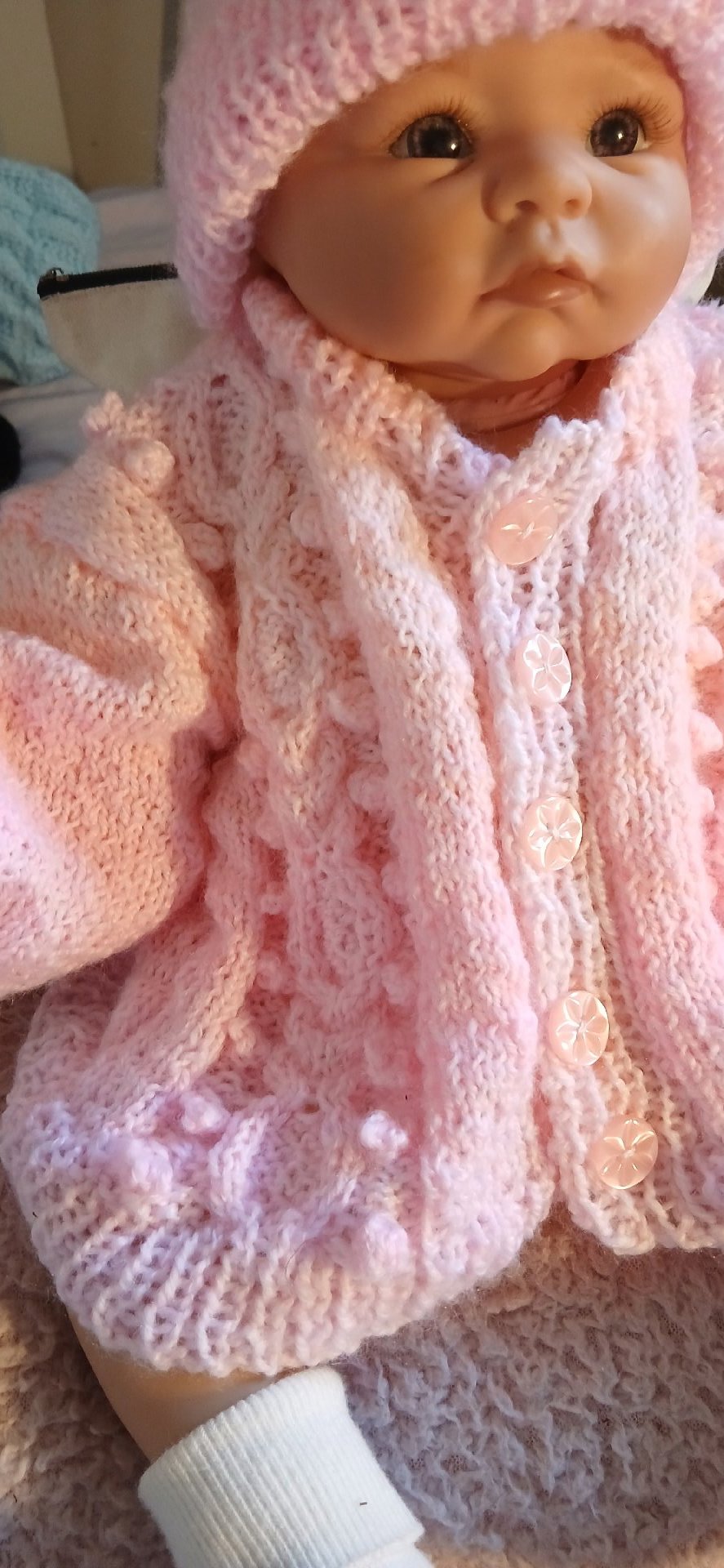 Hand Knitted Pink Baby Cardigan And Hat Set, Handmade, 3-6M, Excellent condition — preloved on SilentSale®