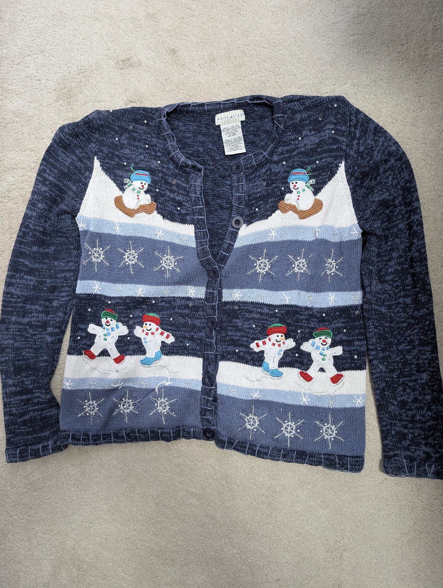 White Stag Navy Blue Snowman Christmas Cardigan – Size L, White Stag, L, Excellent condition — preloved on SilentSale®
