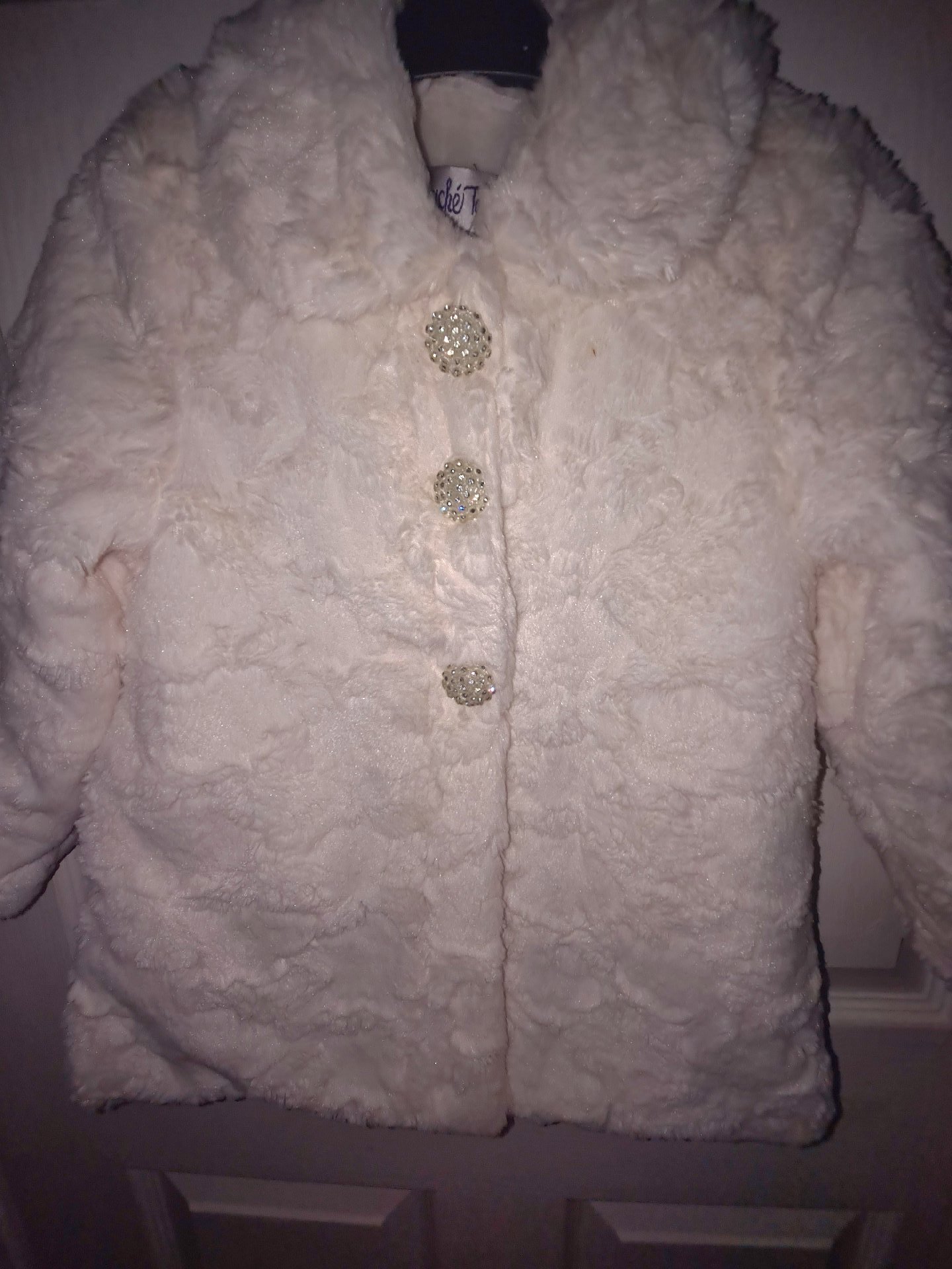 Cherie White Faux Fur Girls Coat with Sparkly Buttons, couche'Tot, 3 years, New condition — preloved on SilentSale®