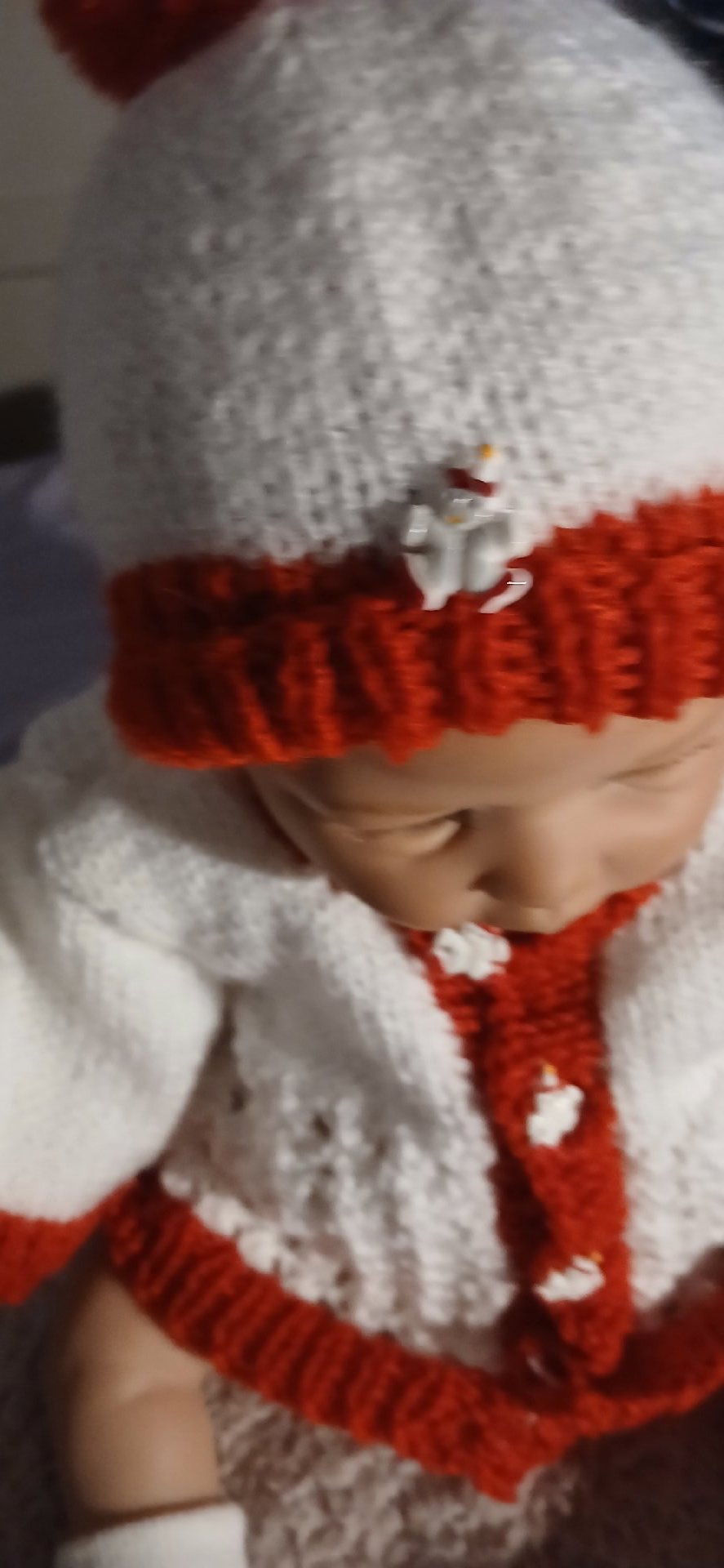 Hand Knitted Baby Cardigan and Hat Set White and Red, Handmade, 0-3M, Excellent condition — preloved on SilentSale®