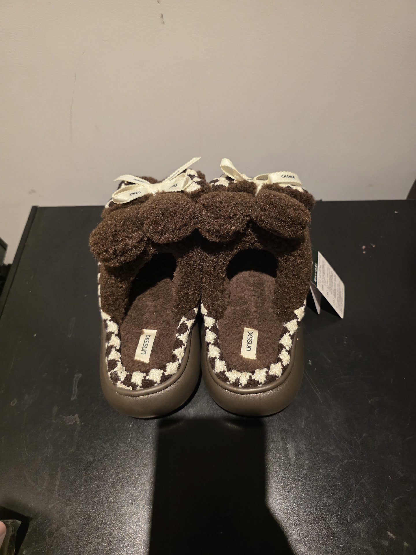 Winter Dessus Brown Fleece Slippers with Pom Pom Detail, Dessus, 5.5, New condition — preloved on SilentSale®