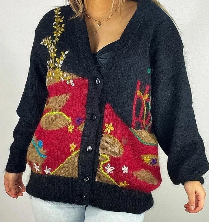 Vintage Teshuhuang Knitted Embroidered Cardigan - Boho Wearable Art, TESHUHUANG, XXL / UK 24-26, Excellent condition — preloved on SilentSale®