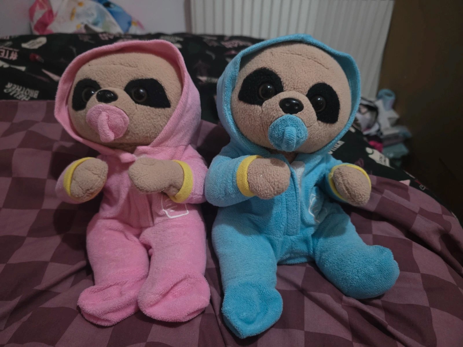 Pair of Baby Meerkat Soft Toys – Pink & Blue Baby-gro Onesies with Dummies / Pacifiers (Set of 2), Paws, One Size, Excellent condition — preloved on SilentSale®