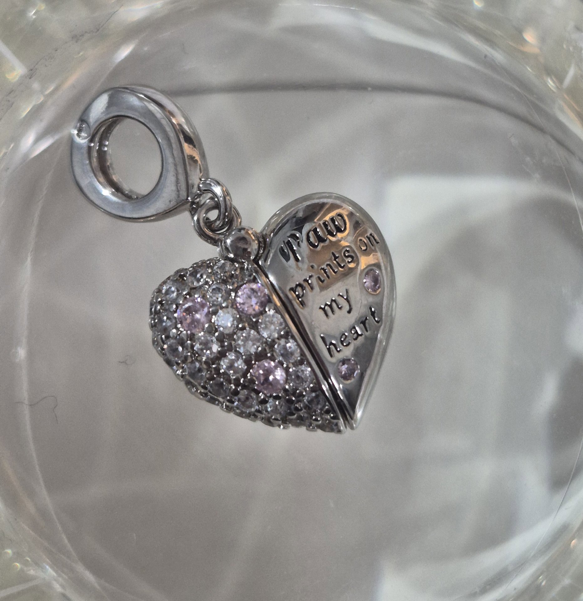 Silver Heart Paw Prints Charm Pendant with Pink Stones, PINK, One Size, New condition — preloved on SilentSale®