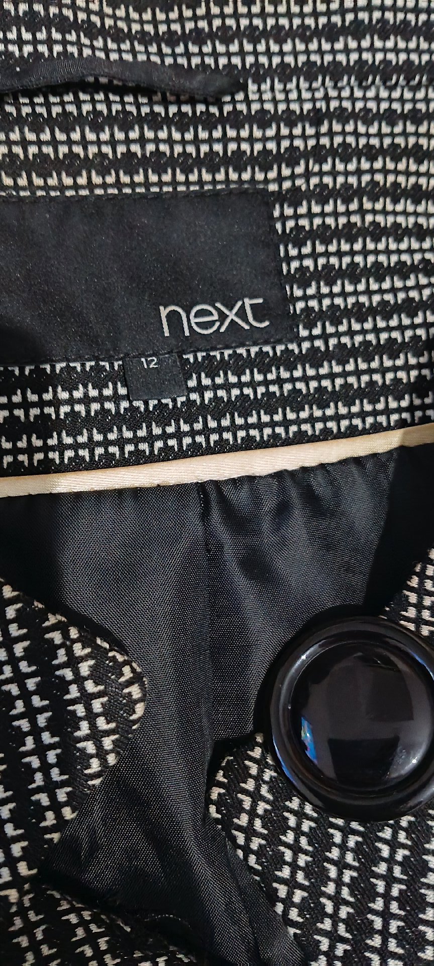 Next Black and White Patterned Button-Up Jacket – Size 12, Next, 12, Good condition — preloved on SilentSale®
