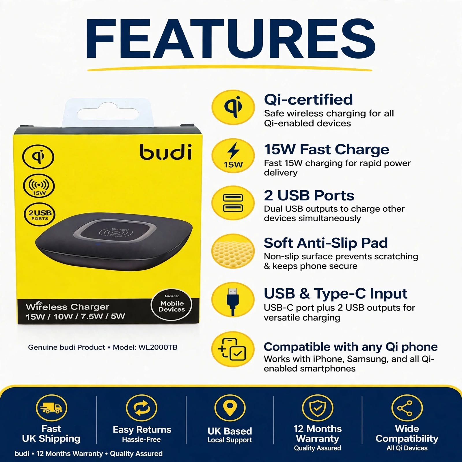 Budi Wireless Charger 15W Fast Charge with 2 USB Ports, Budi, One Size, New condition — preloved on SilentSale®