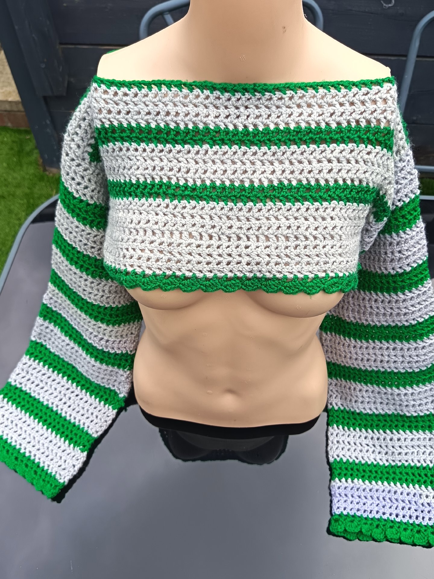 Handmade Crochet Crop Top Green and White Striped, Handmade, 10, Excellent condition — preloved on SilentSale®