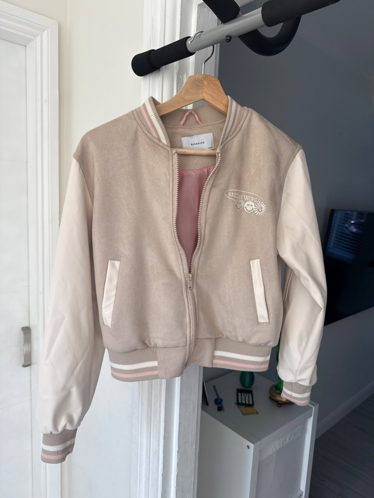 Girls Beige and White Bomber Jacket - Size S, Reserved, 12 years, Like New condition — preloved on SilentSale®