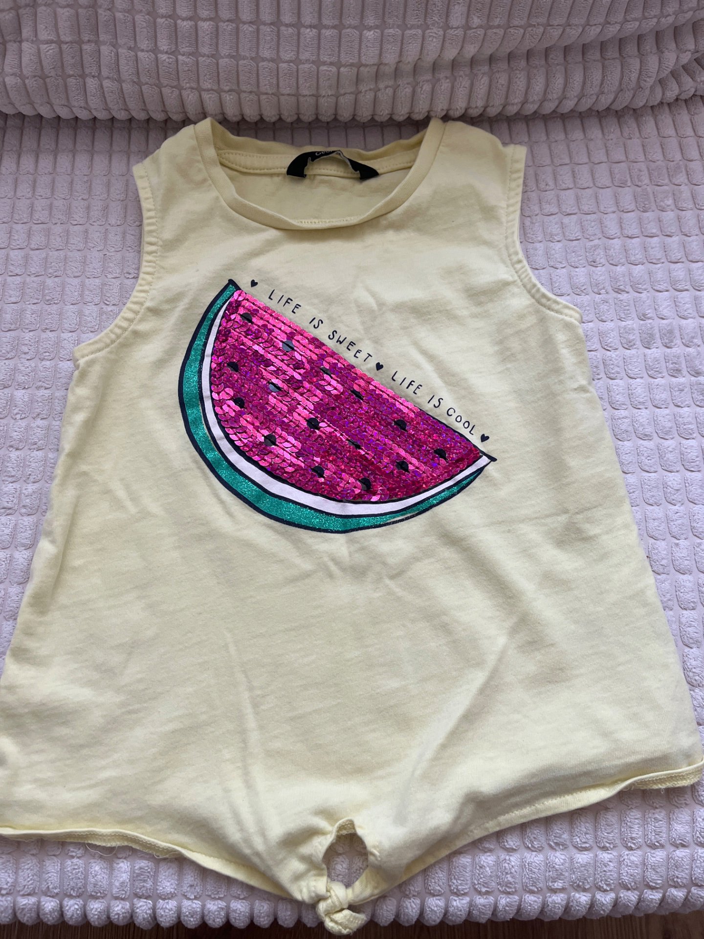Girls Yellow Sleeveless Romper with Sequin Watermelon – Size 12-18M, George, 5-6 years, Excellent condition — preloved on SilentSale®