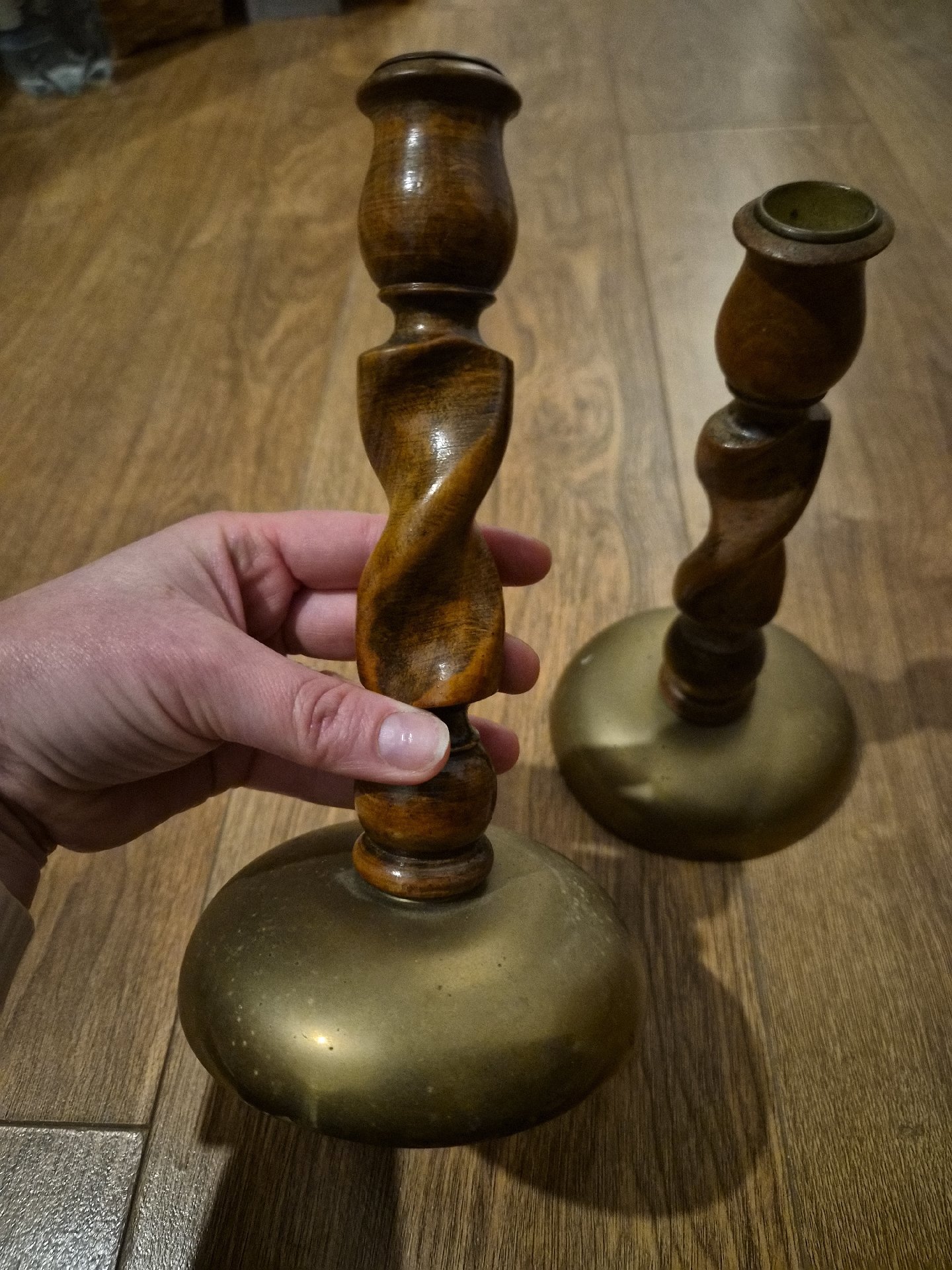 Pair of Vintage Wooden and Brass Candlesticks, Vintage, Medium, Good condition — preloved on SilentSale®