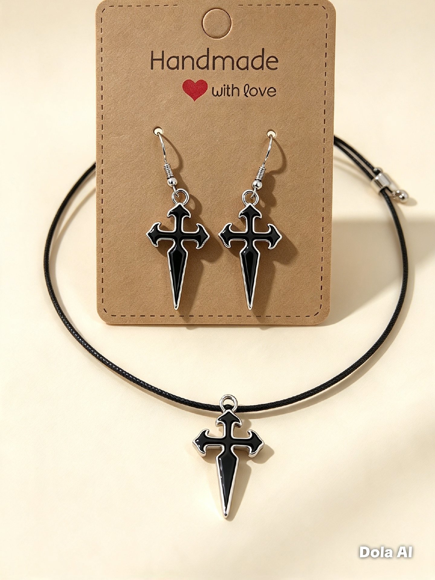 Handmade Black Cross Pendant Necklace and Earrings Set, Handmade, One Size, New condition — preloved on SilentSale®