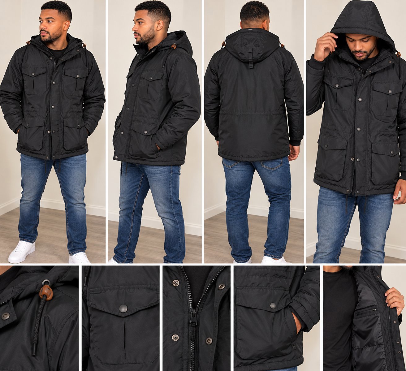 Kam Jeans Black Hooded Winter Jacket – Size L, Kam Jeans, L, New condition — preloved on SilentSale®