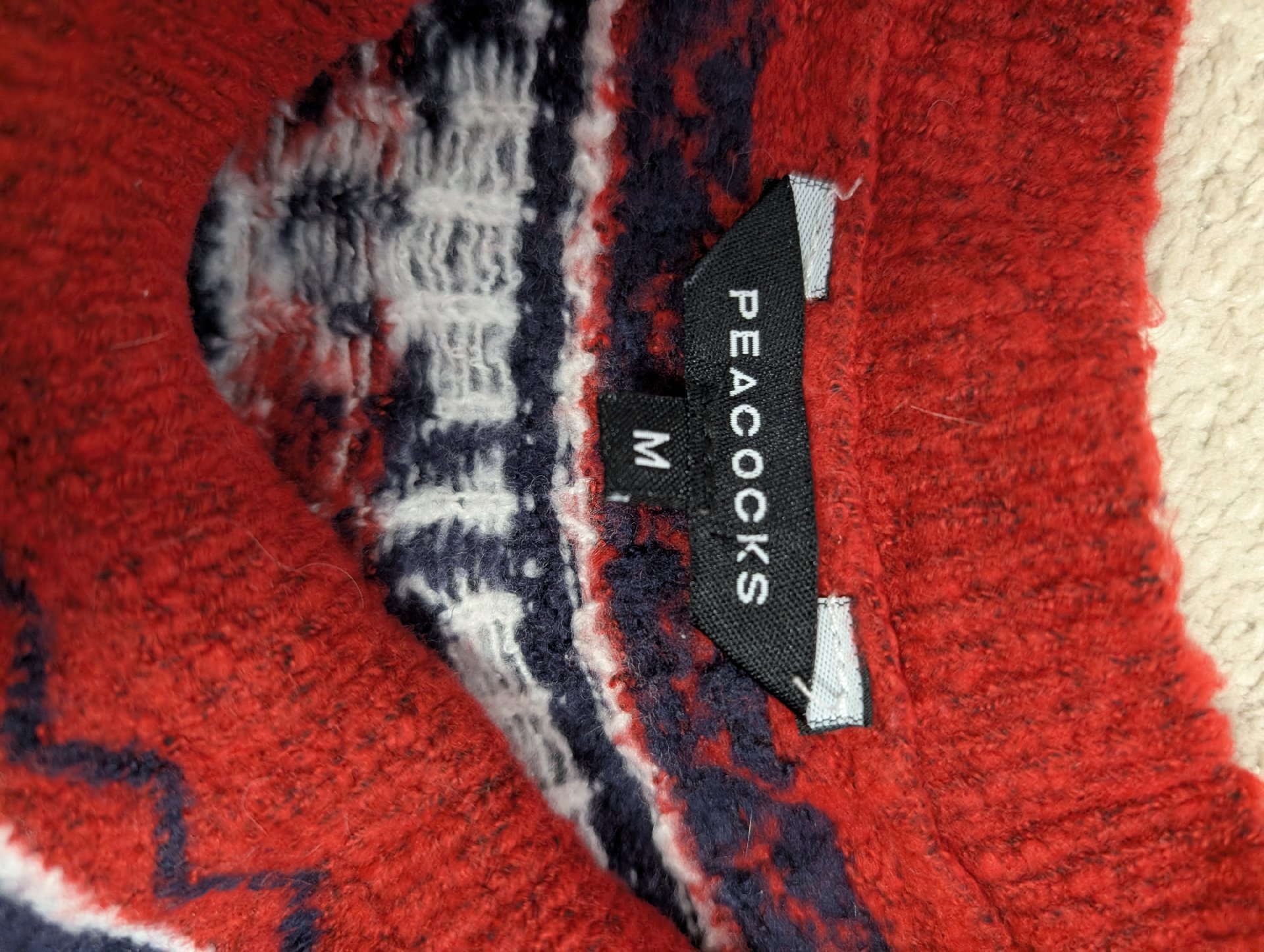 Red Christmas Reindeer Pattern Jumper Sweater, Peacocks, M, Excellent condition — preloved on SilentSale®