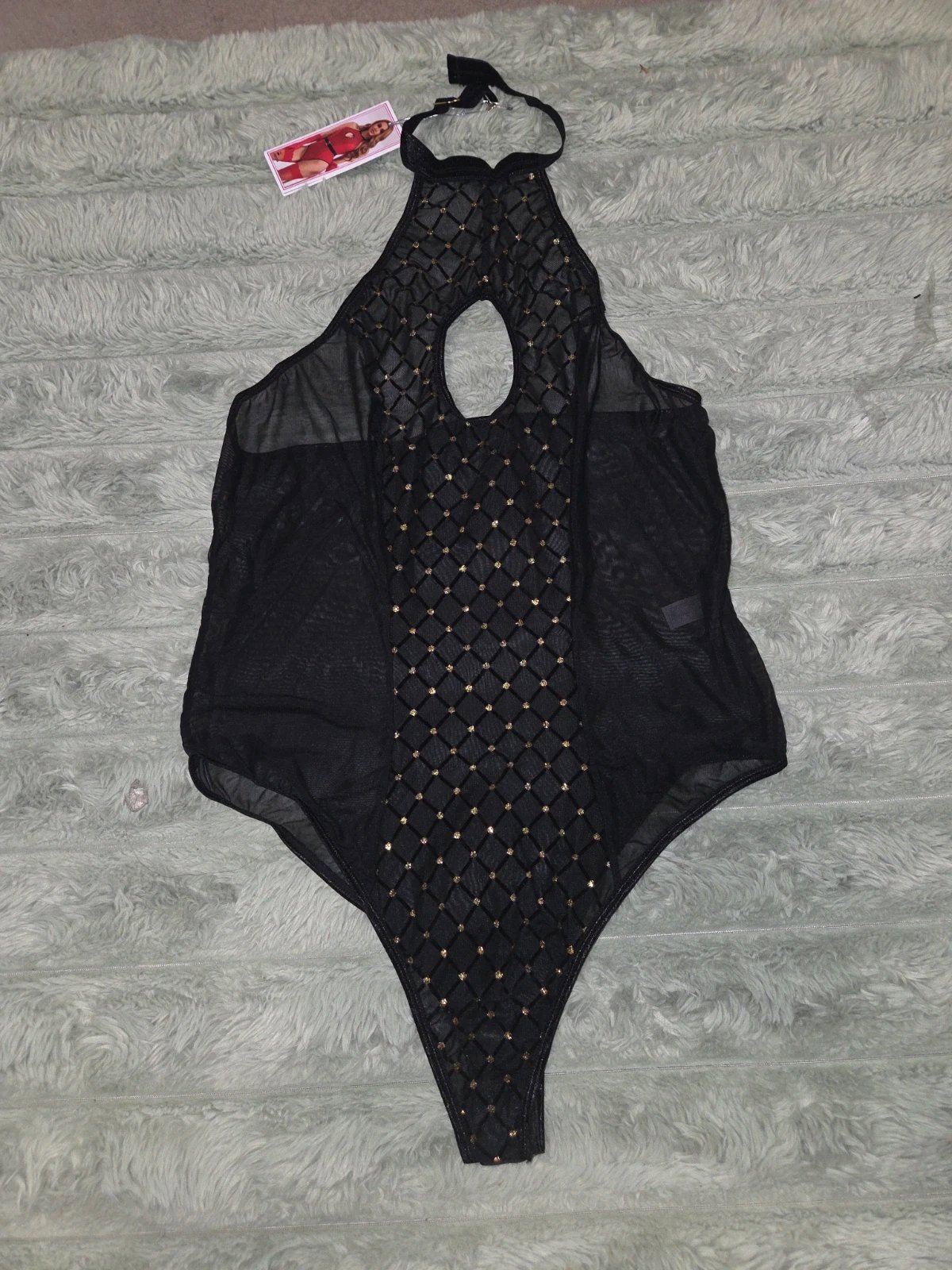 Black Flocked Mesh Halterneck Bodysuit Set with Belt & Gloves, Oh yeah, L, New condition — preloved on SilentSale®