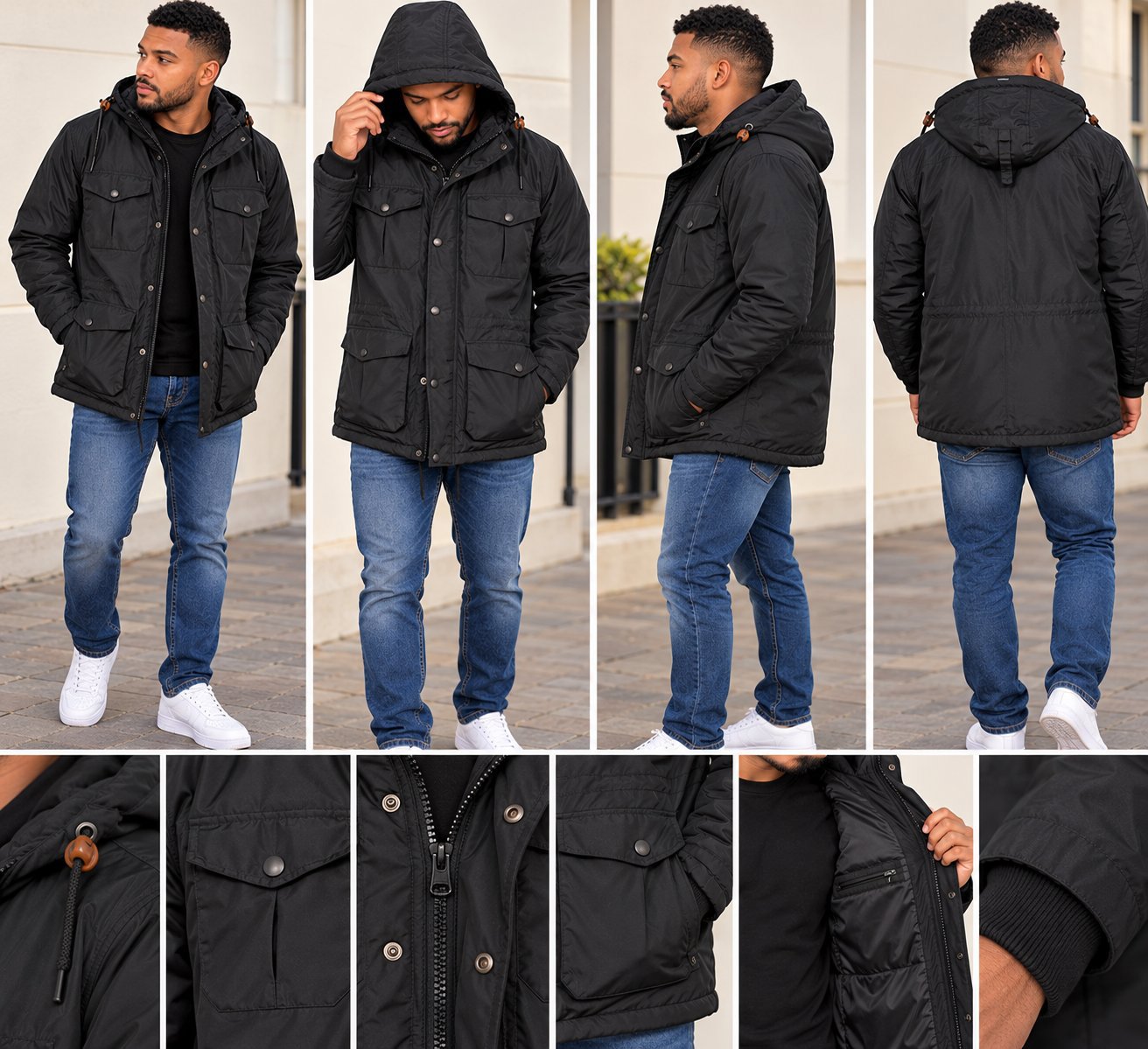 Kam Jeans Black Hooded Winter Jacket – Size L, Kam Jeans, L, New condition — preloved on SilentSale®