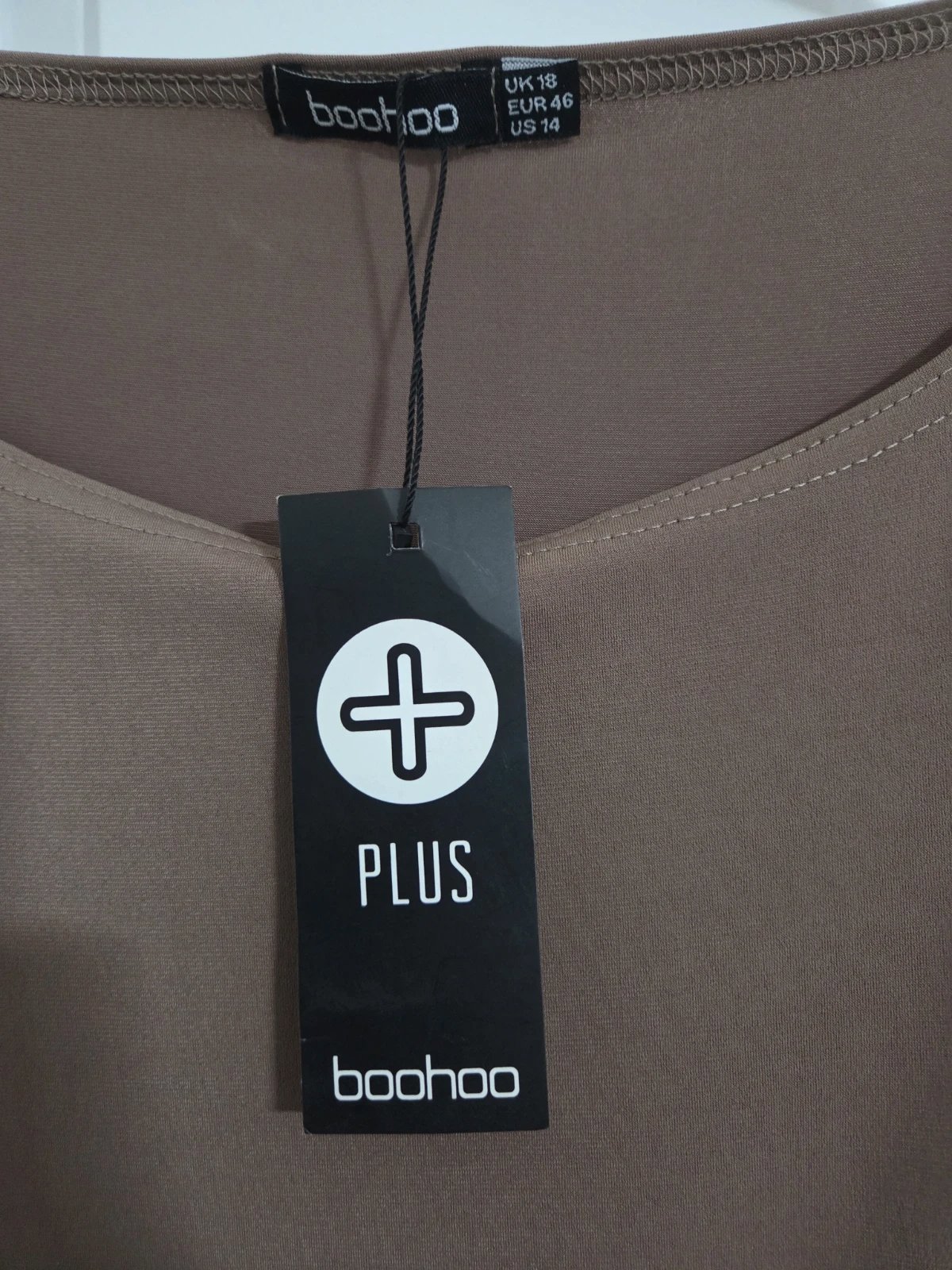 Boohoo Plus Taupe Brown Draped Asymmetric Dress, Boohoo, 16, New condition — preloved on SilentSale®