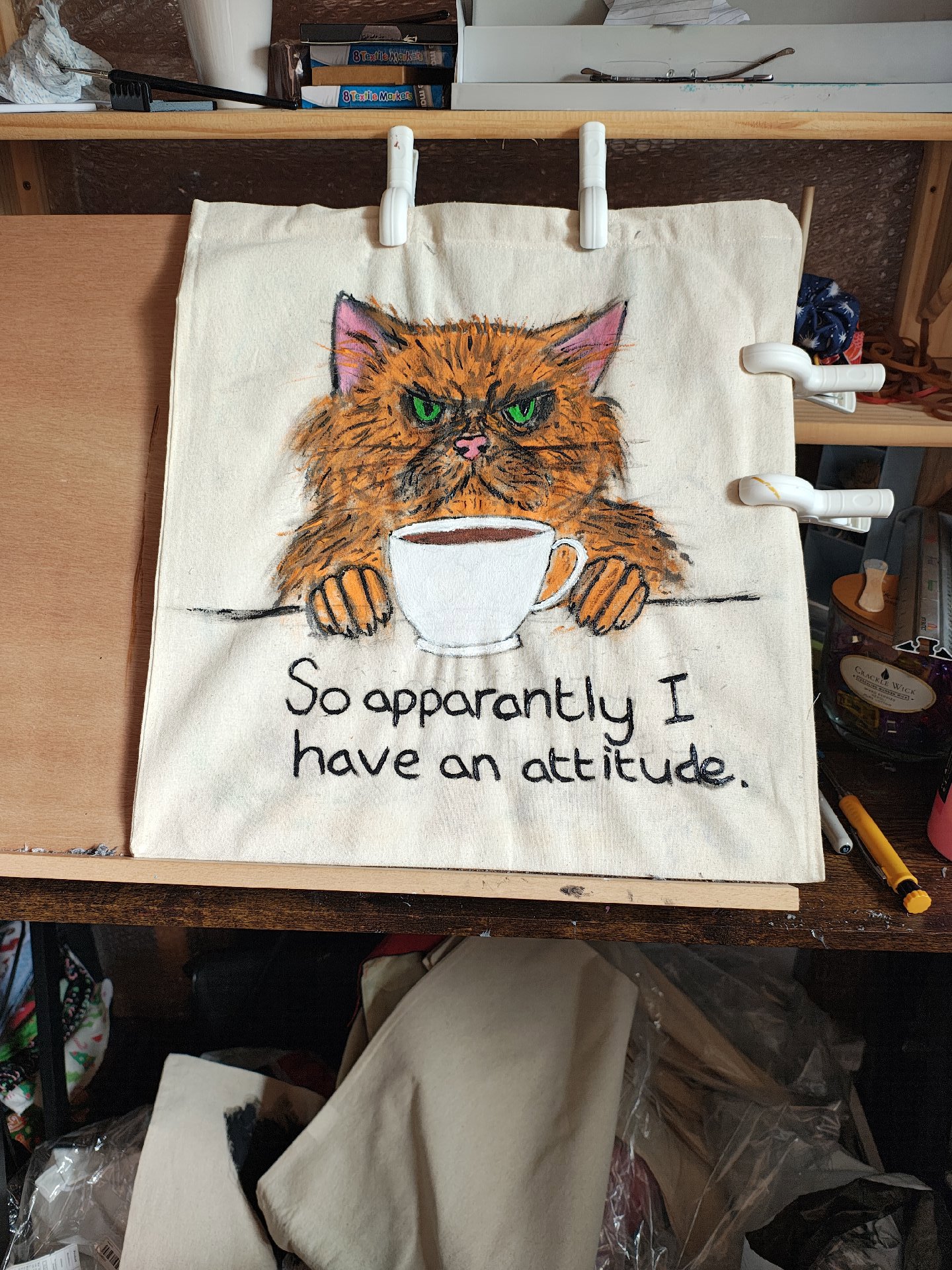 Hand Painted Canvas Tote Bag with Cat and Quote, Unbranded, Medium, New condition — preloved on SilentSale®