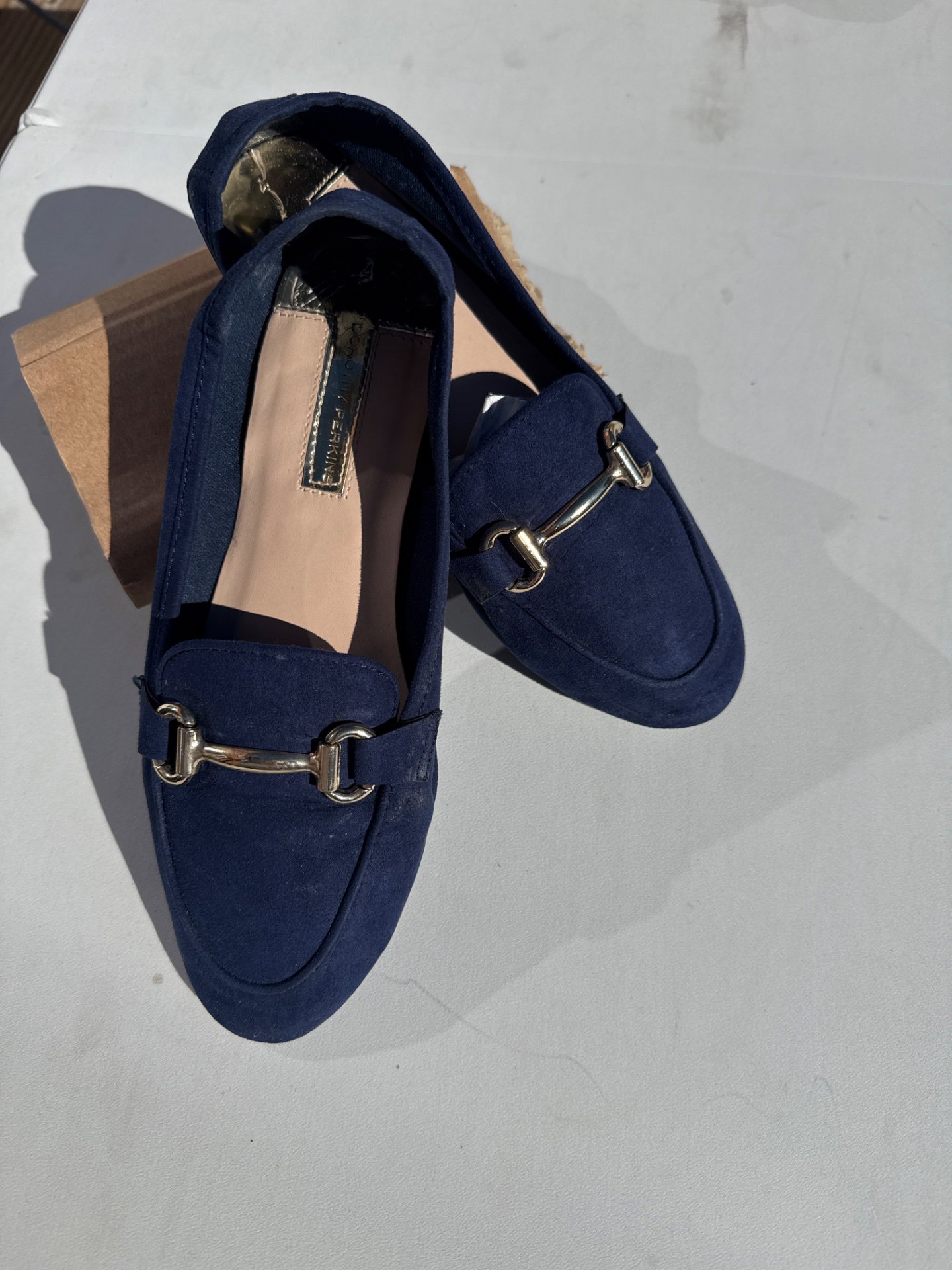 Navy Suede Loafers with Gold Buckle Detail, Buckle, 4, Excellent condition — preloved on SilentSale®