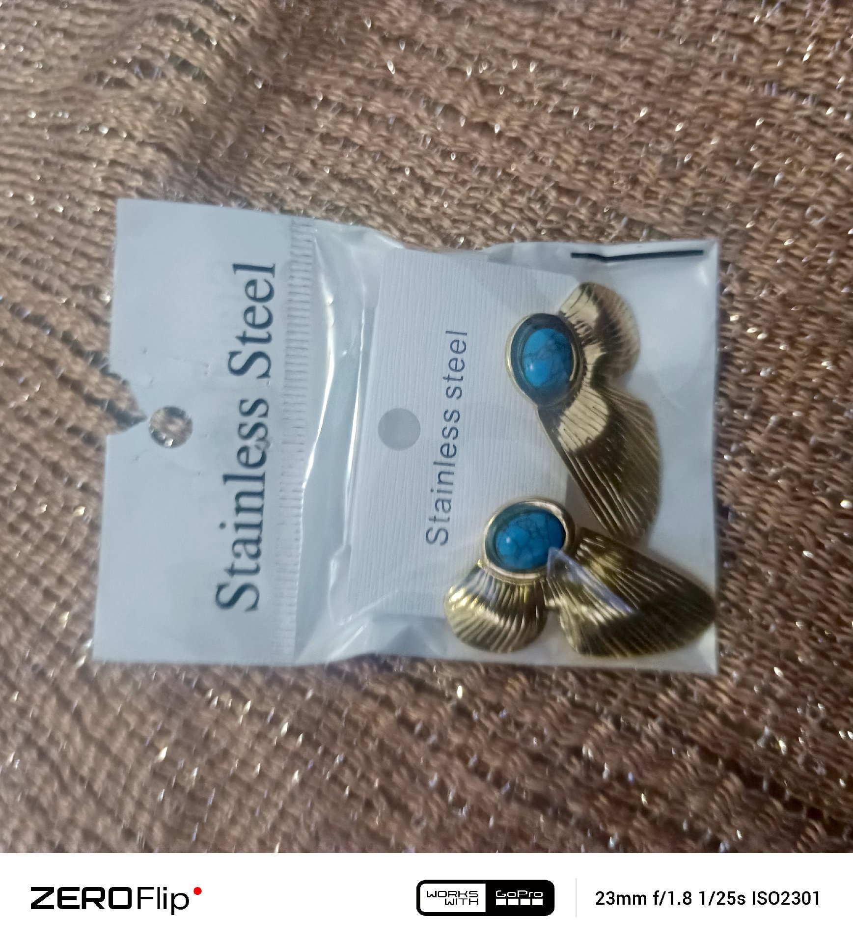 Gold Tone Stainless Steel Earrings with Blue Stone Detail, Vintage, One Size, New condition — preloved on SilentSale®