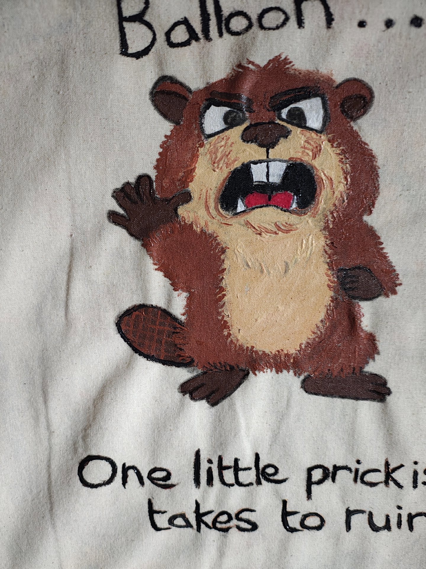 Hand Painted Canvas Tote Bag with Cartoon Beaver and Quote, Unbranded, Medium, New condition — preloved on SilentSale®