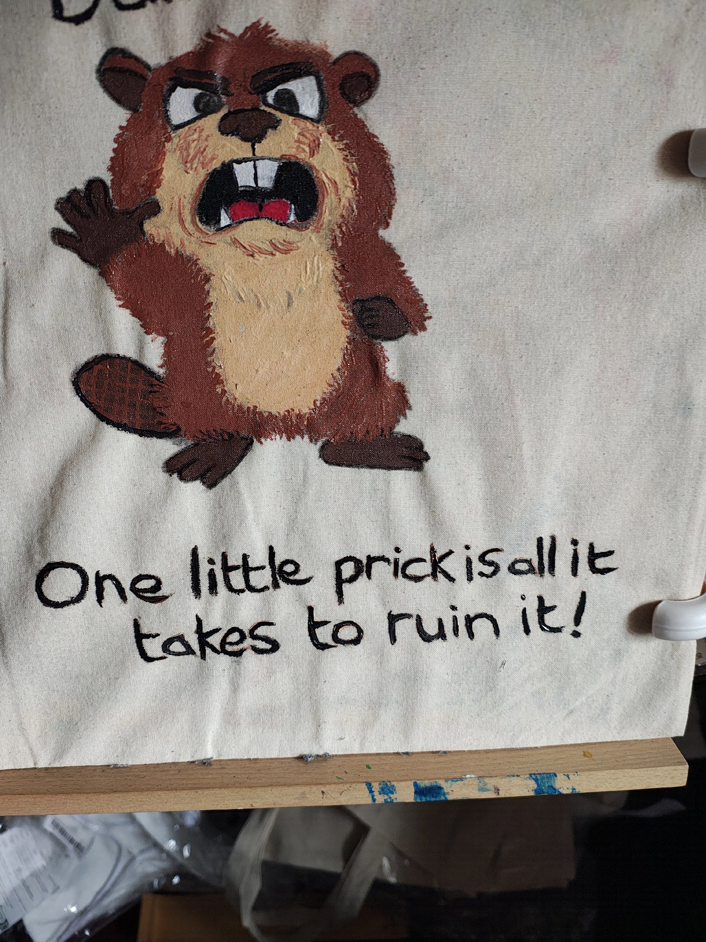 Hand Painted Canvas Tote Bag with Cartoon Beaver and Quote, Unbranded, Medium, New condition — preloved on SilentSale®